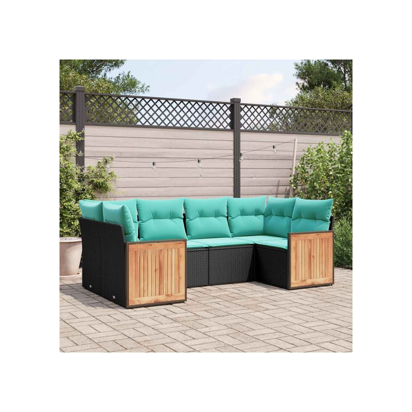 Salon de jardin 6 pcs avec coussins noir résine tressée