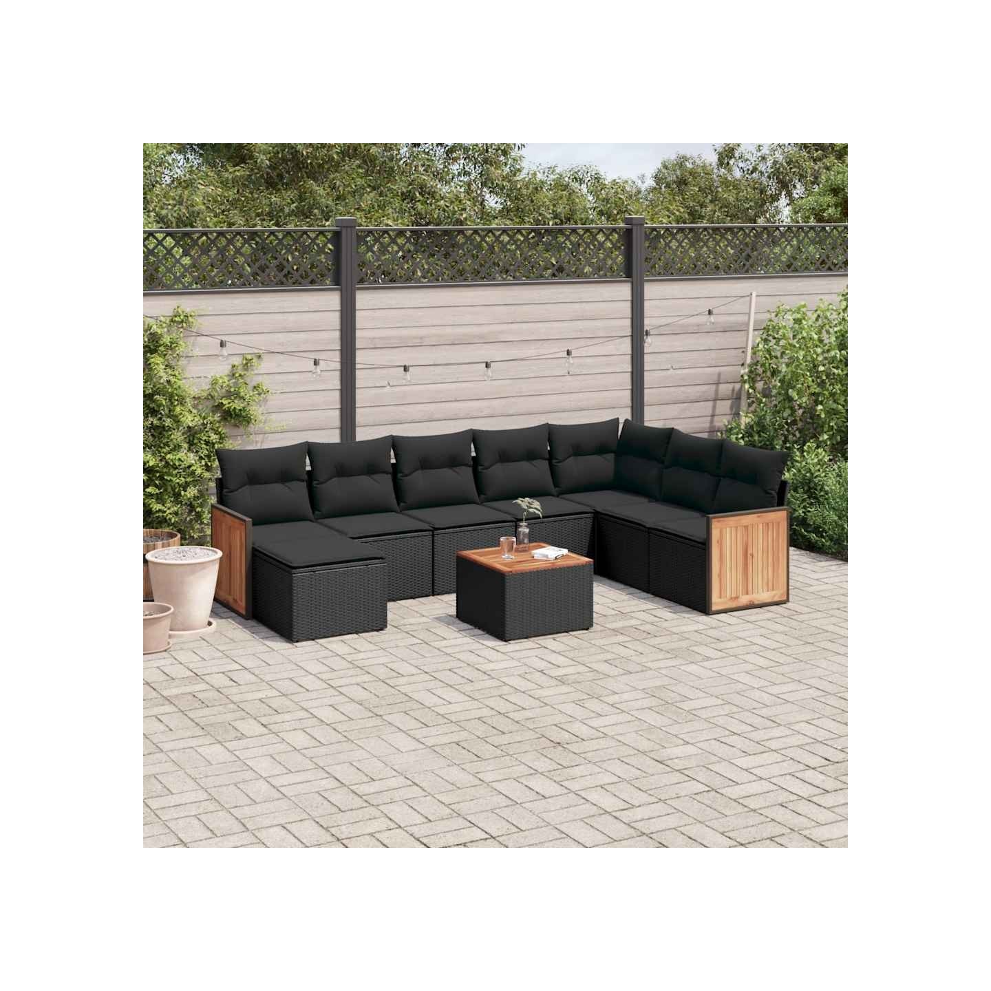 Salon de jardin 9 pcs avec coussins noir résine tressée