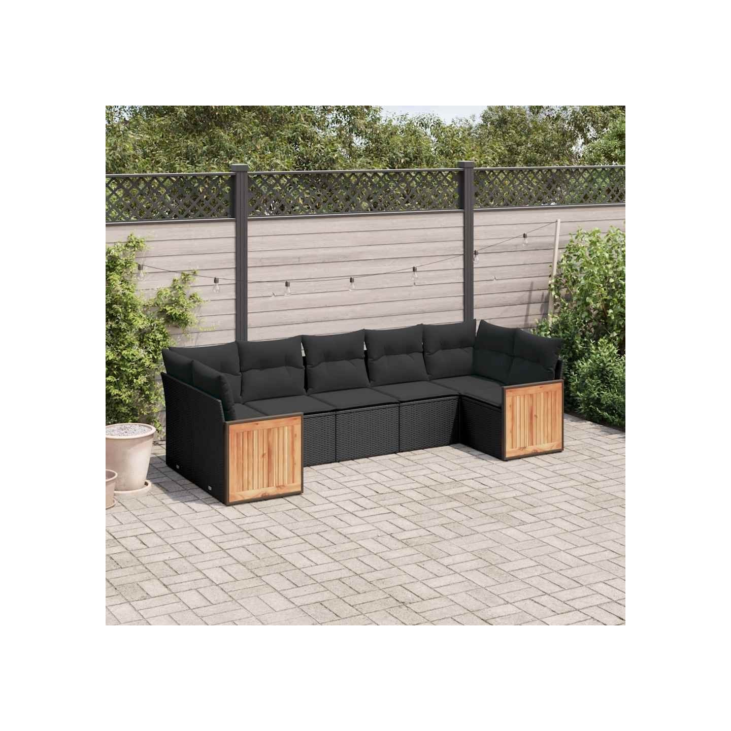 Salon de jardin 7 pcs avec coussins noir résine tressée