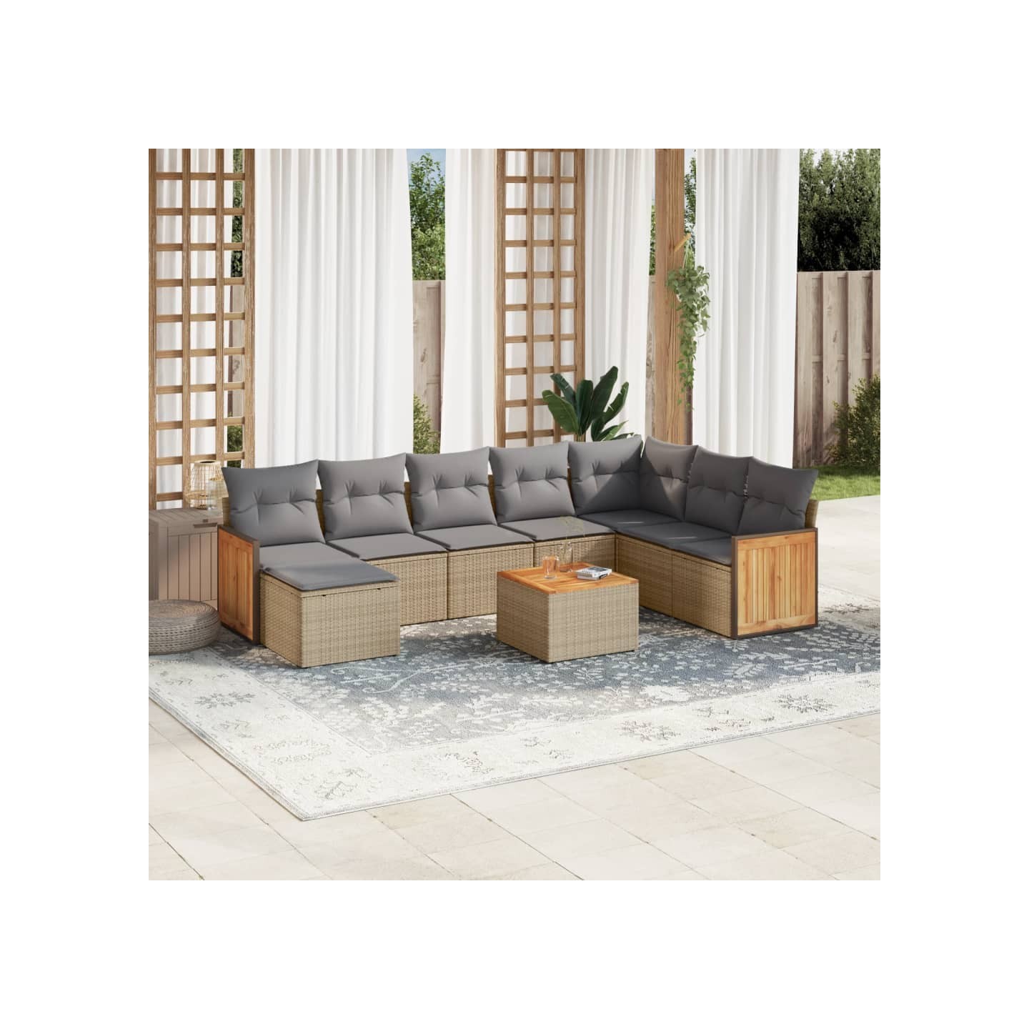 Salon de jardin avec coussins 9 pcs beige résine tressée