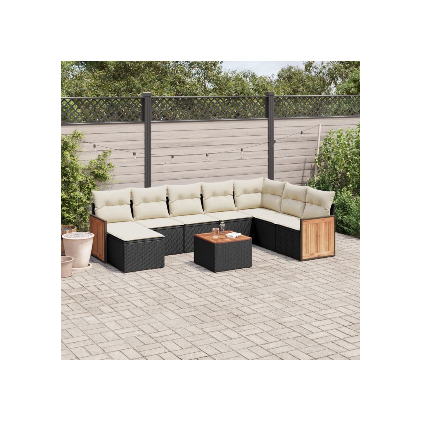 Salon de jardin 9 pcs avec coussins noir résine tressée
