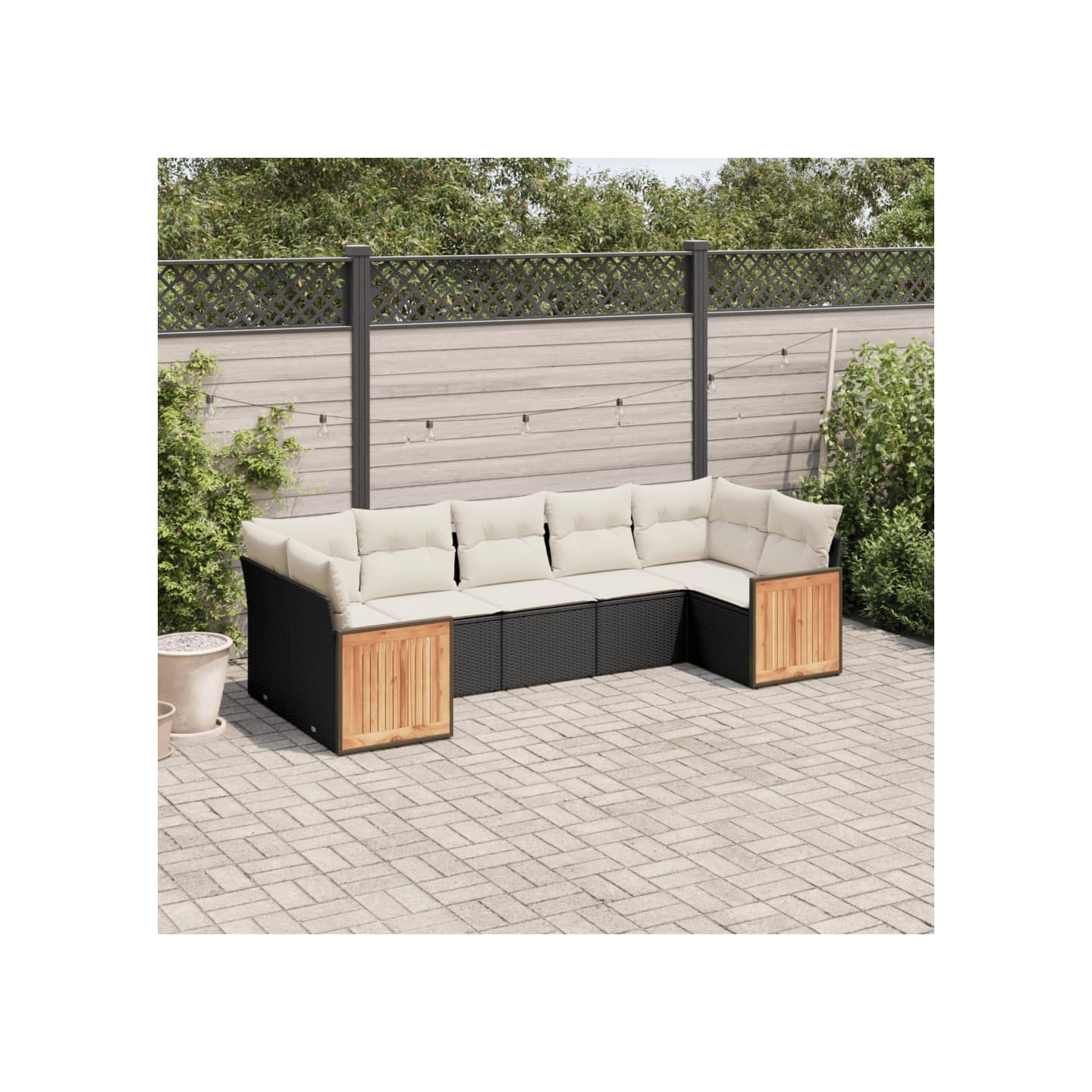 Salon de jardin 7 pcs avec coussins noir résine tressée