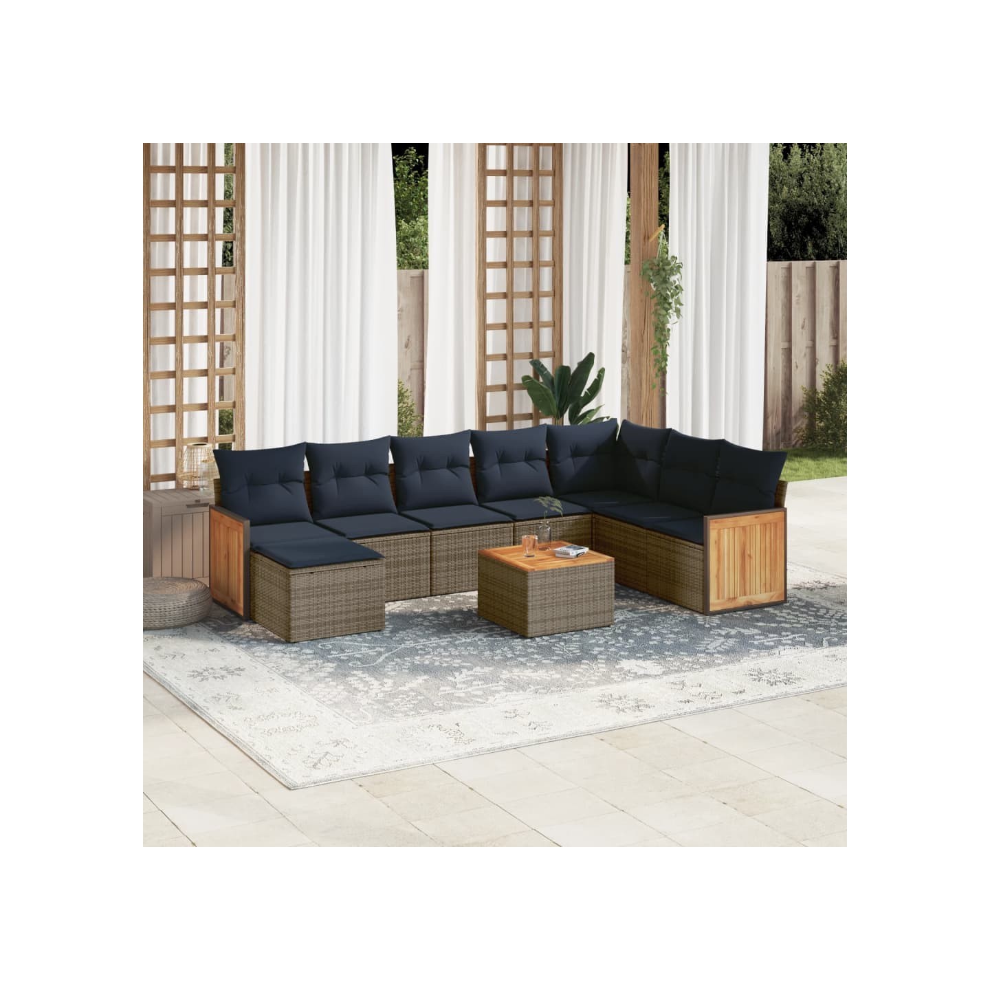 Ensemble de canapé de jardin 9 pcs avec coussins gris résine tressée