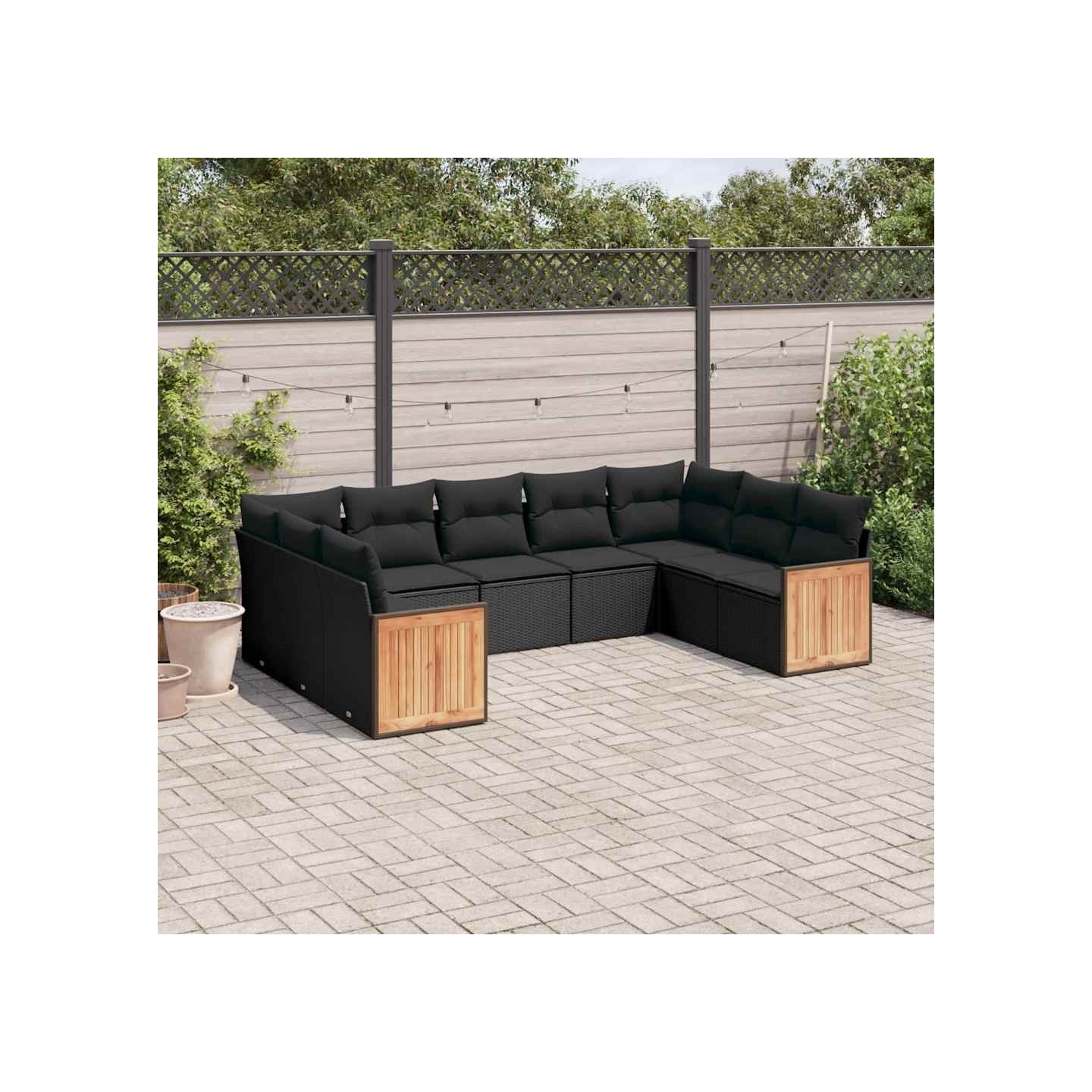 Salon de jardin 9 pcs avec coussins noir résine tressée