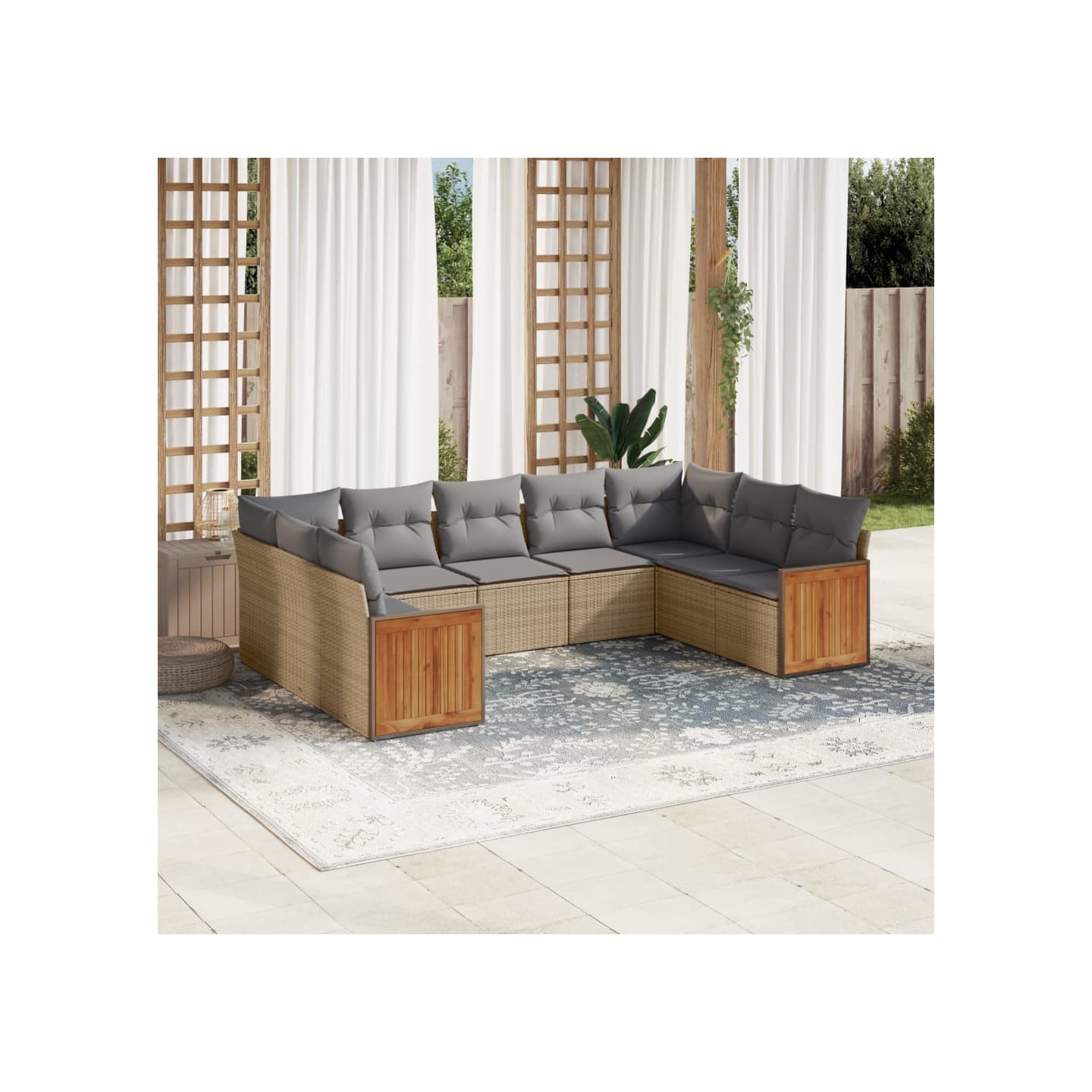 Salon de jardin avec coussins 9 pcs beige résine tressée