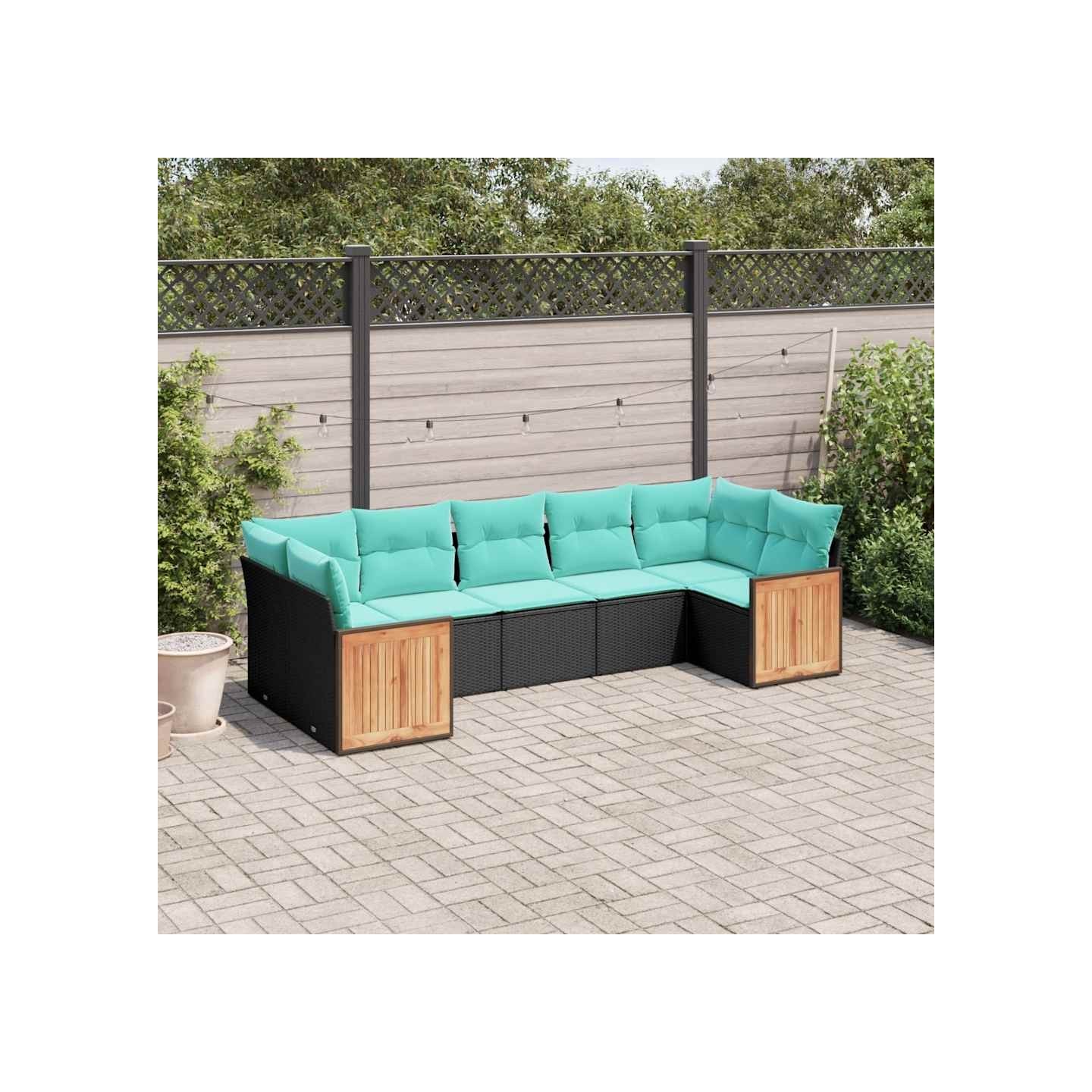 Salon de jardin 7 pcs avec coussins noir résine tressée