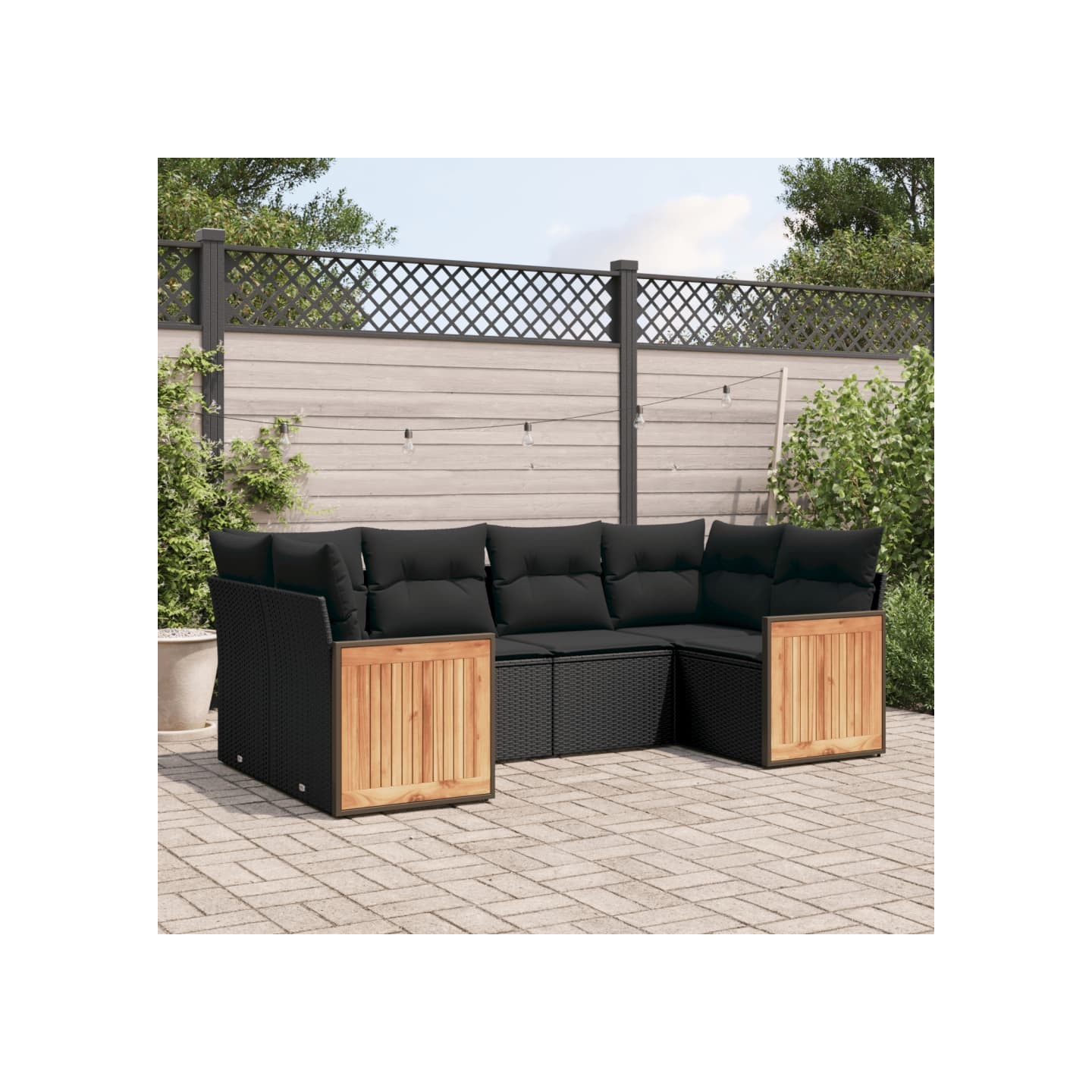Salon de jardin 6 pcs avec coussins noir résine tressée