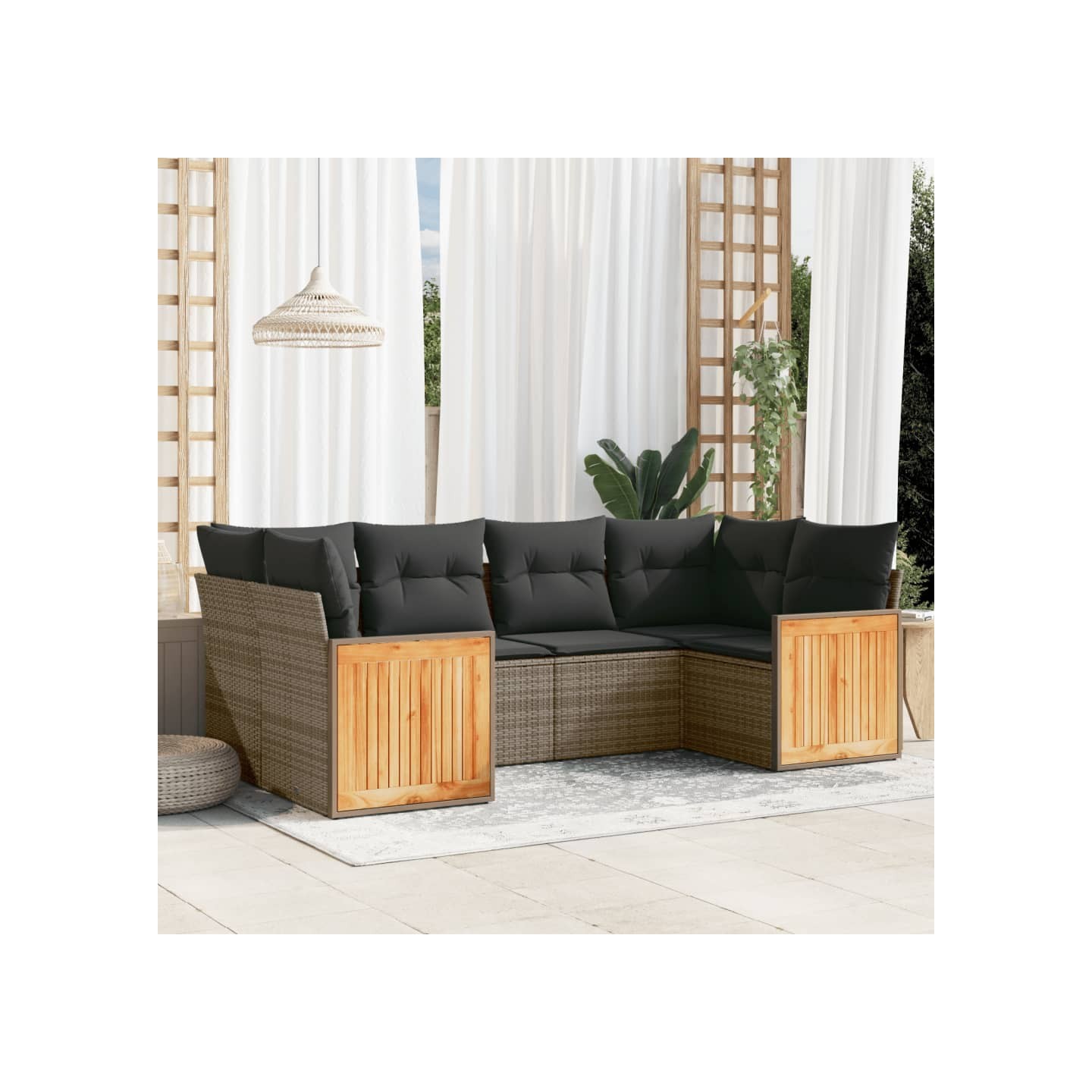 Salon de jardin 6 pcs avec coussins gris résine tressée