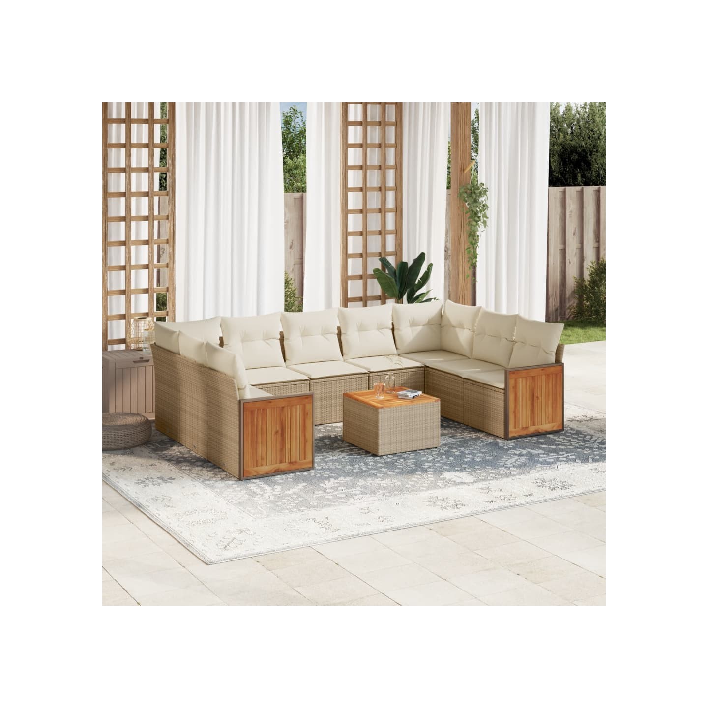 Salon de jardin avec coussins 10 pcs beige résine tressée