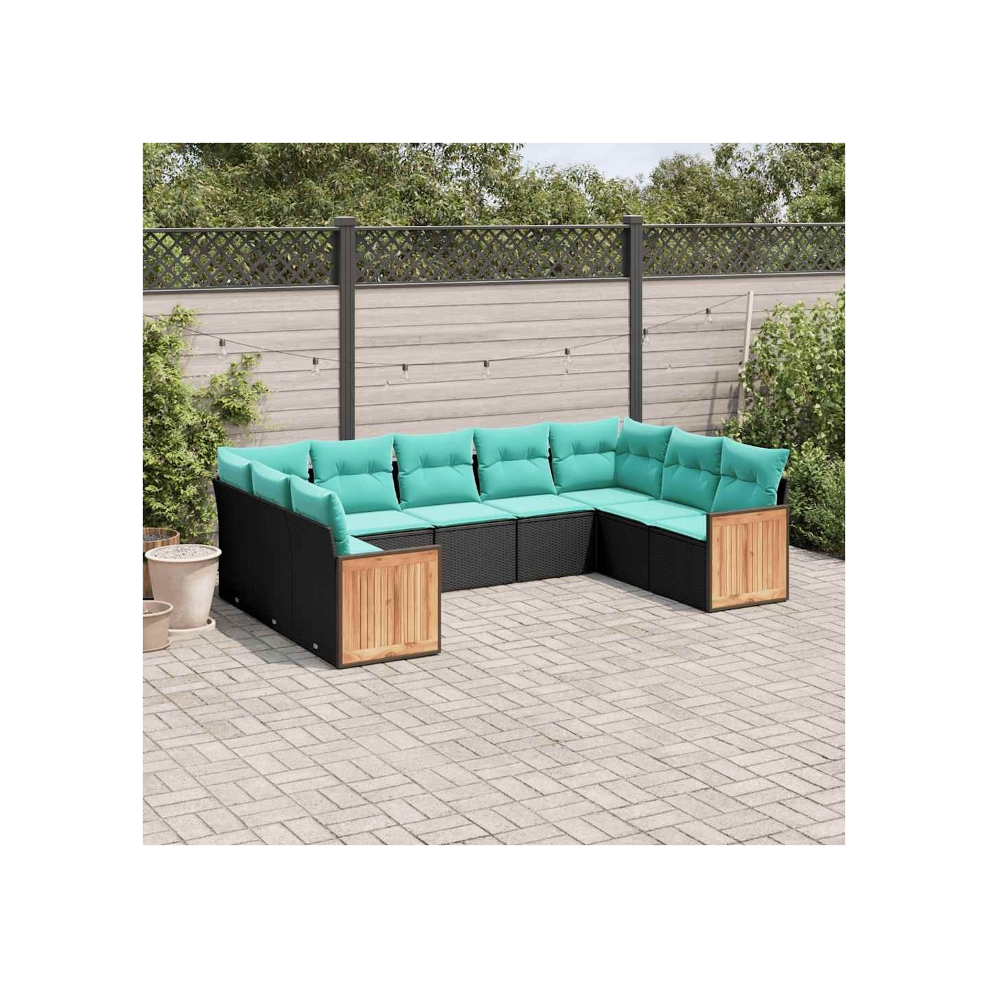 Salon de jardin 9 pcs avec coussins noir résine tressée
