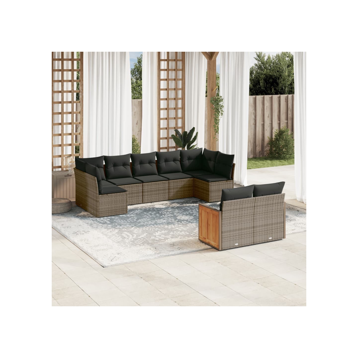 Salon de jardin 9 pcs avec coussins gris résine tressée