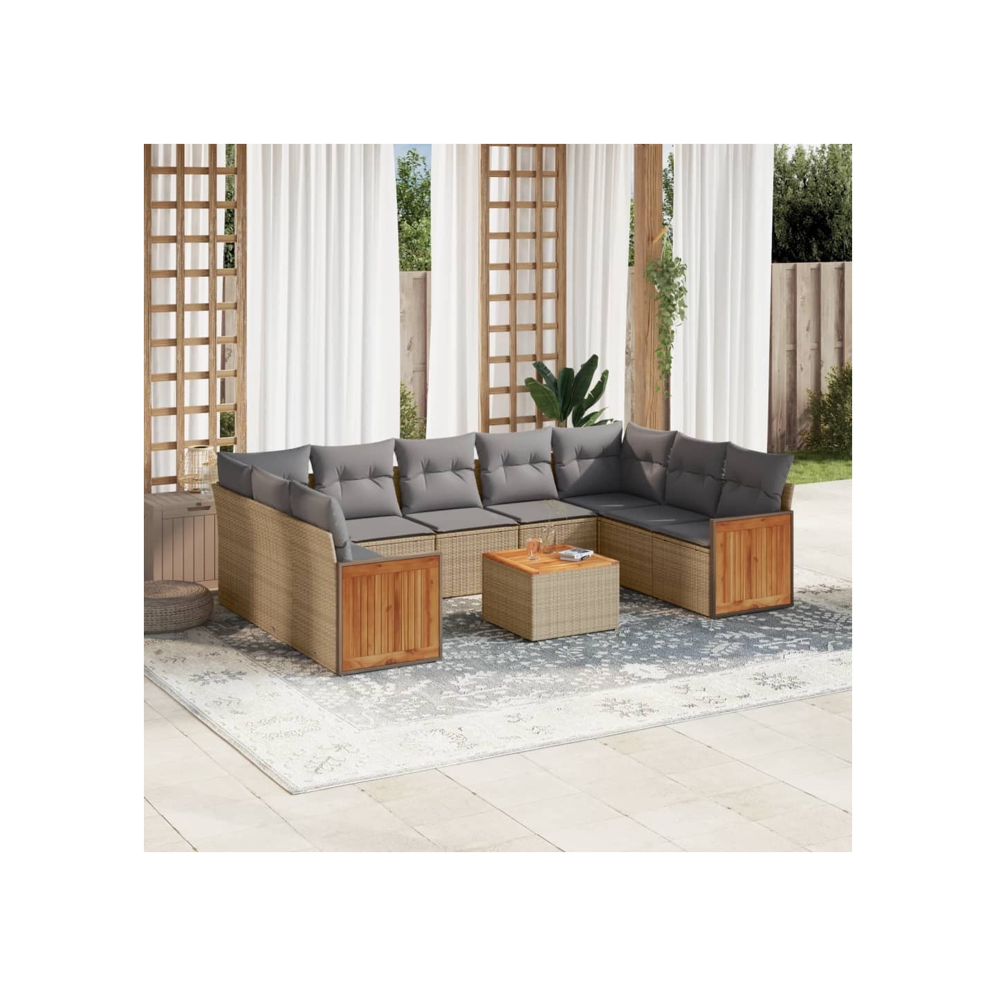 Salon de jardin avec coussins 10 pcs beige résine tressée