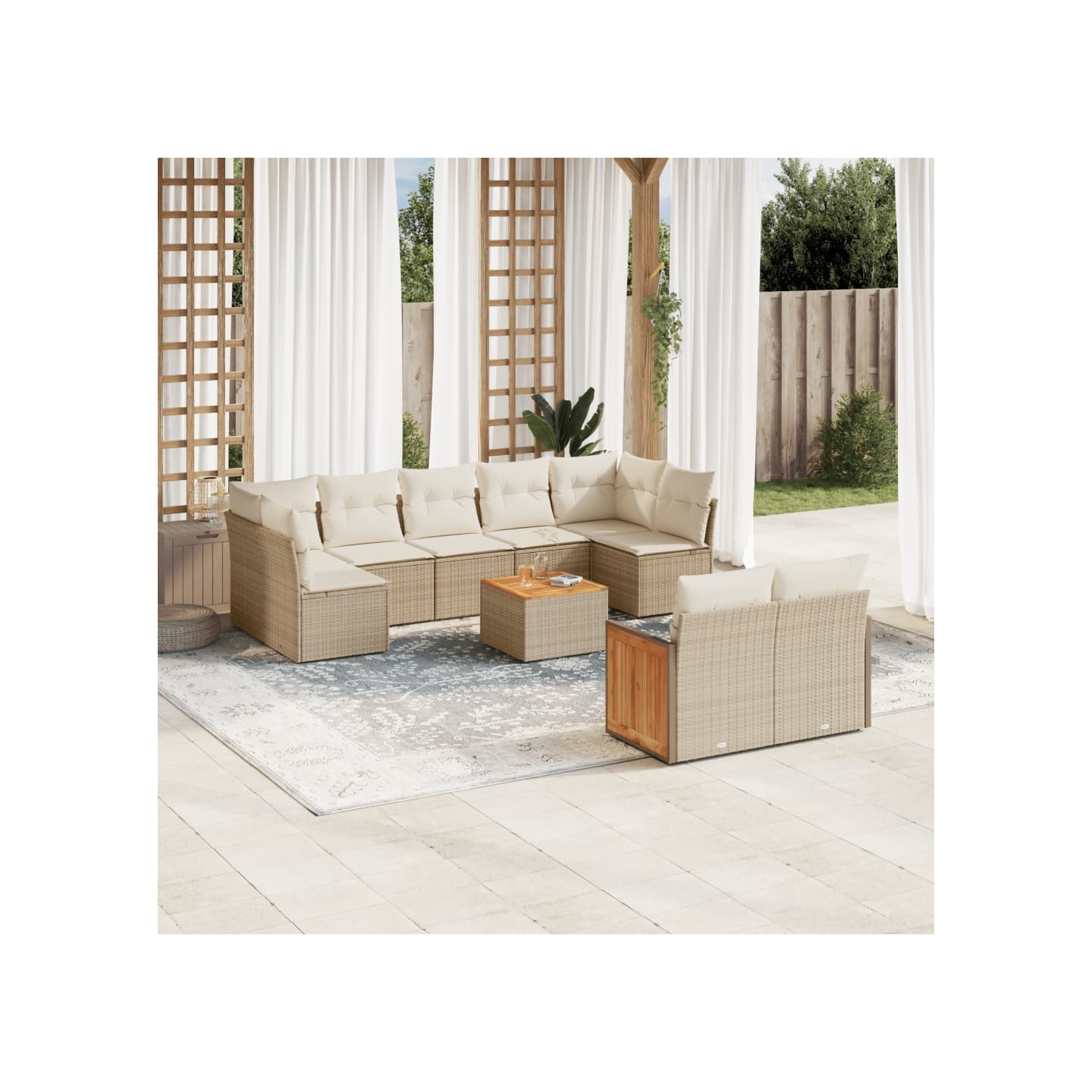 Salon de jardin avec coussins 10 pcs beige résine tressée