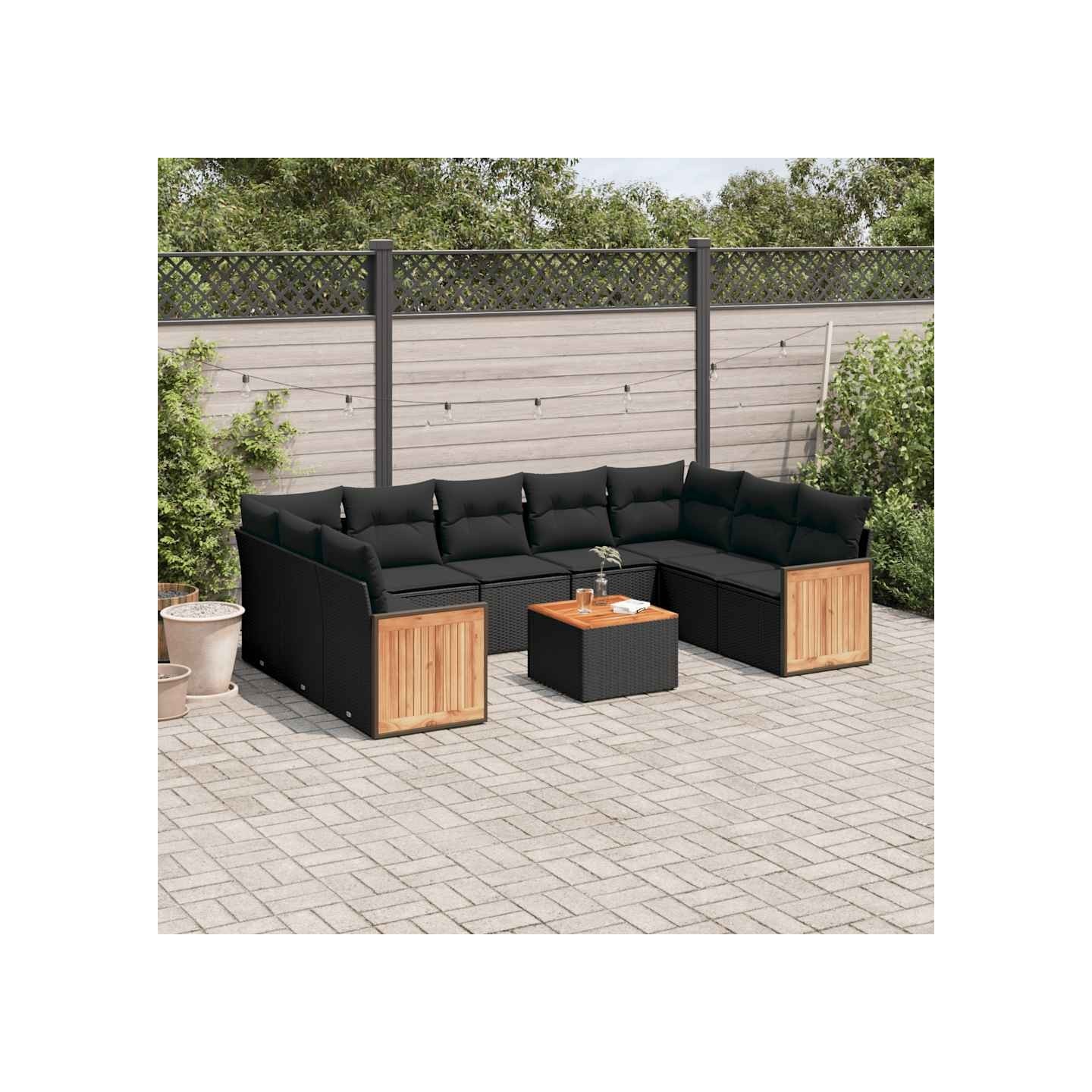 Salon de jardin 10 pcs avec coussins noir résine tressée