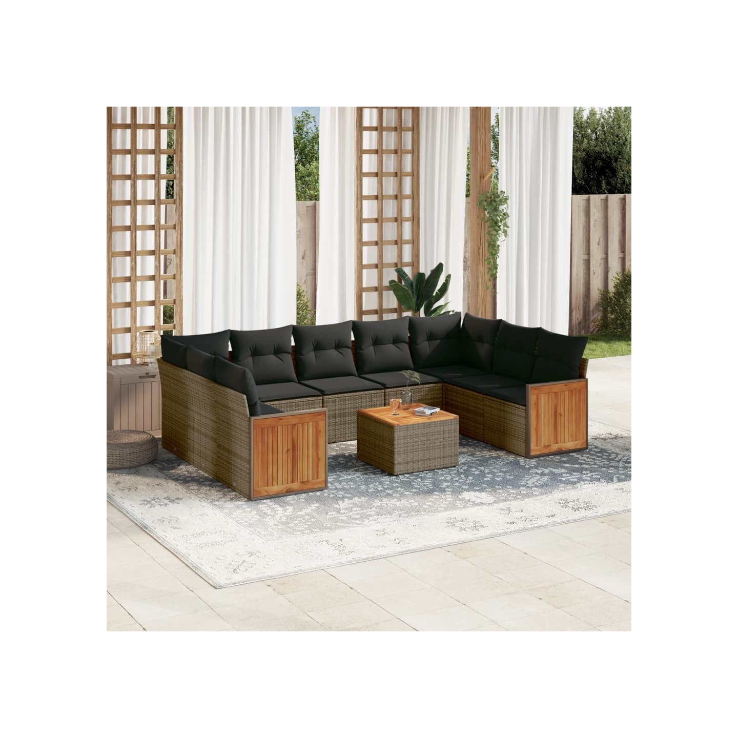 Salon de jardin avec coussins 10 pcs gris résine tressée
