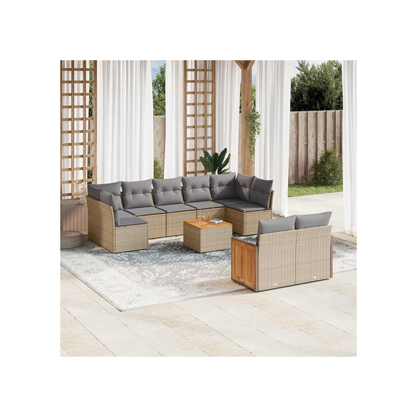 Salon de jardin avec coussins 10 pcs beige résine tressée
