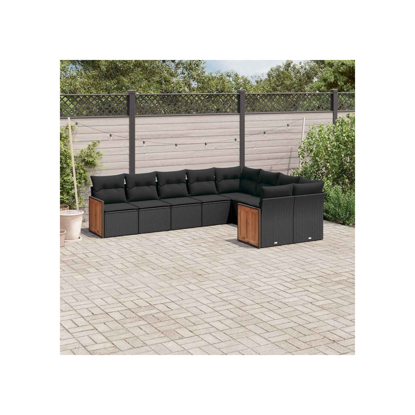 Salon de jardin 9 pcs avec coussins noir résine tressée