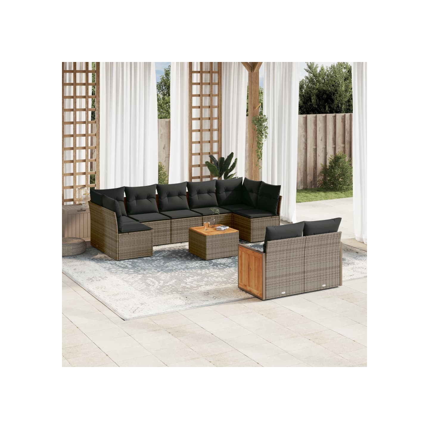 Salon de jardin avec coussins 10 pcs gris résine tressée