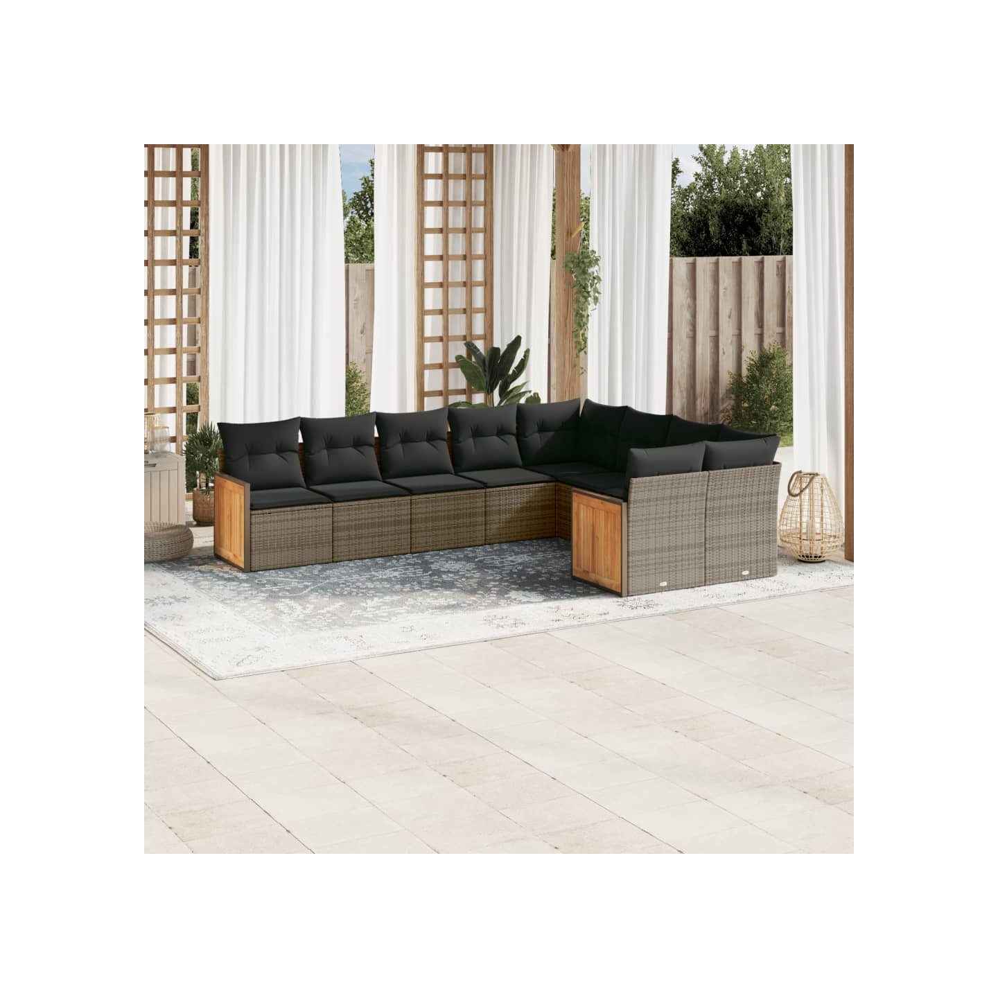 Salon de jardin 9 pcs avec coussins gris résine tressée