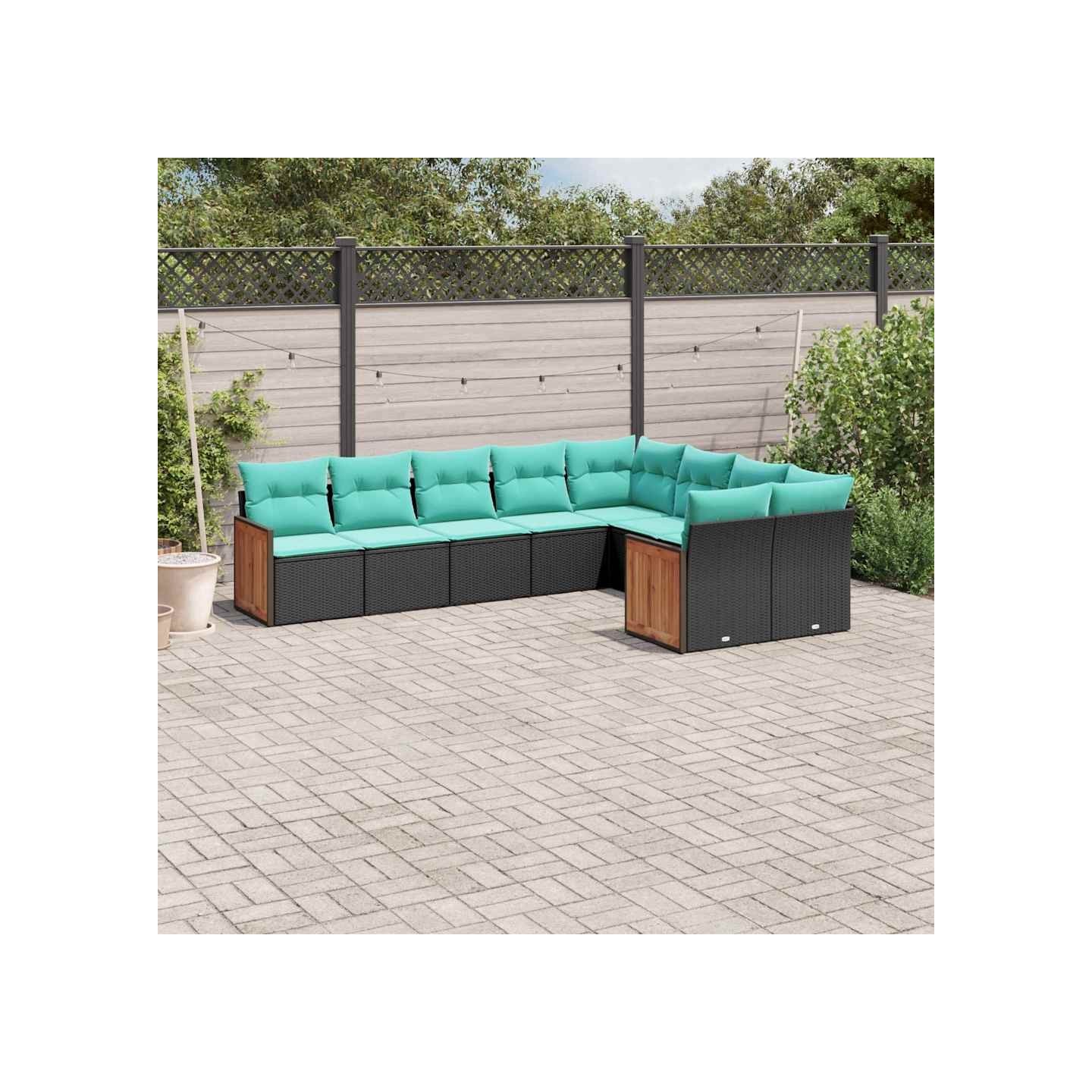 Salon de jardin 9 pcs avec coussins noir résine tressée