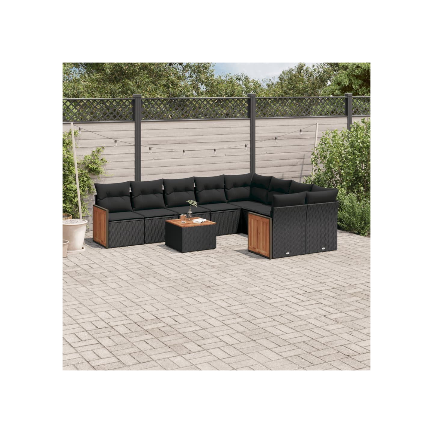 Salon de jardin 10 pcs avec coussins noir résine tressée