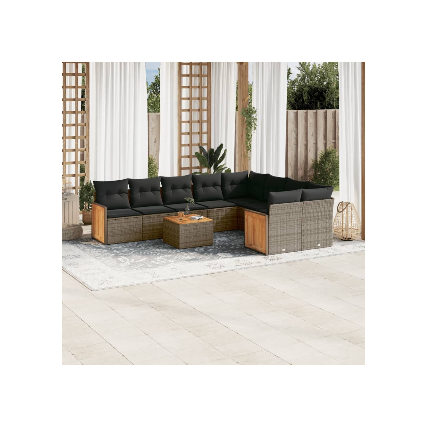 Salon de jardin avec coussins 10 pcs gris résine tressée