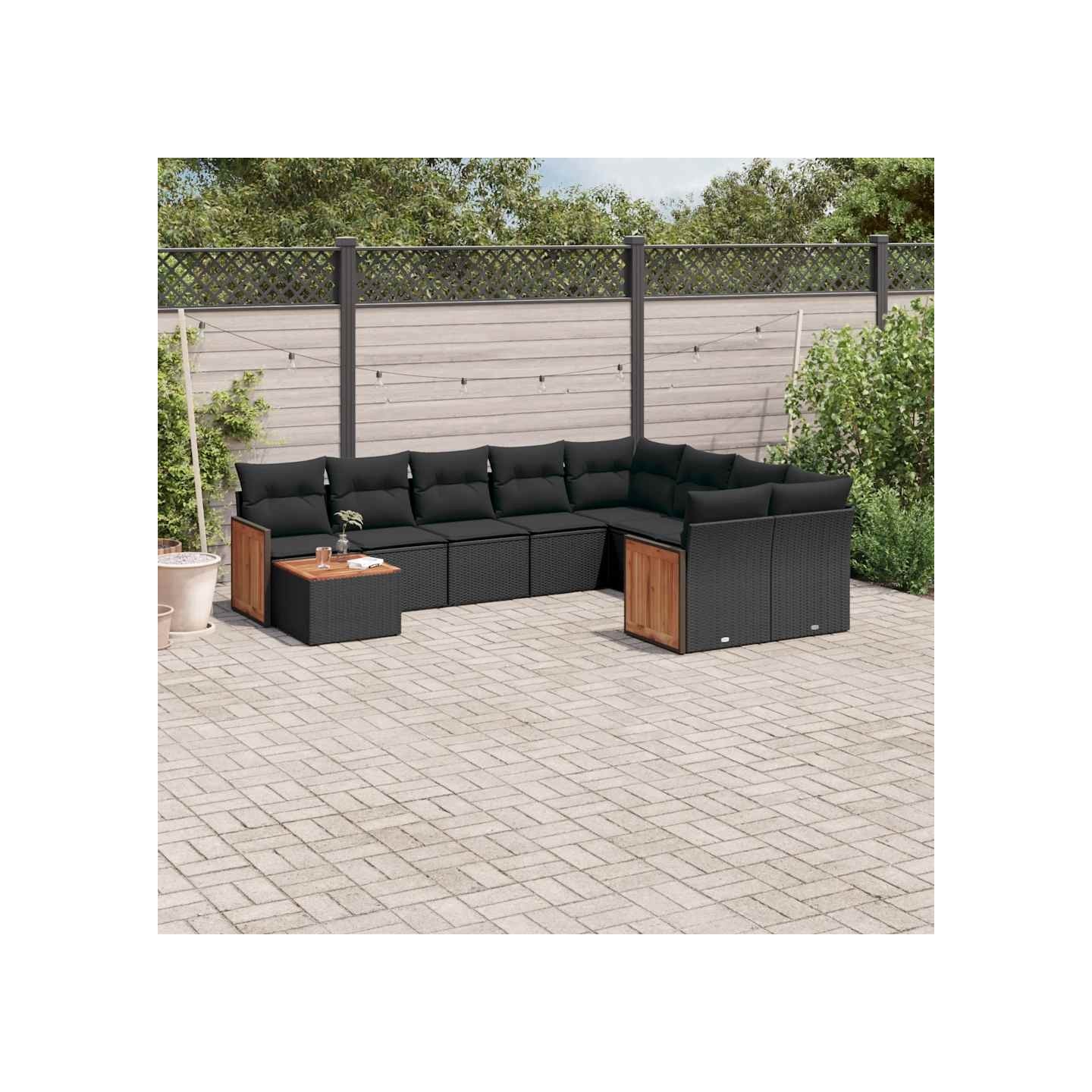Salon de jardin 10 pcs avec coussins noir résine tressée