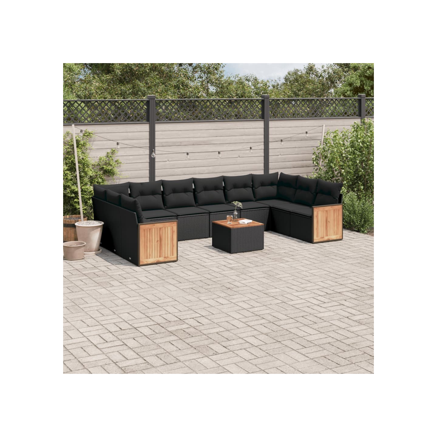 Salon de jardin 11 pcs avec coussins noir résine tressée