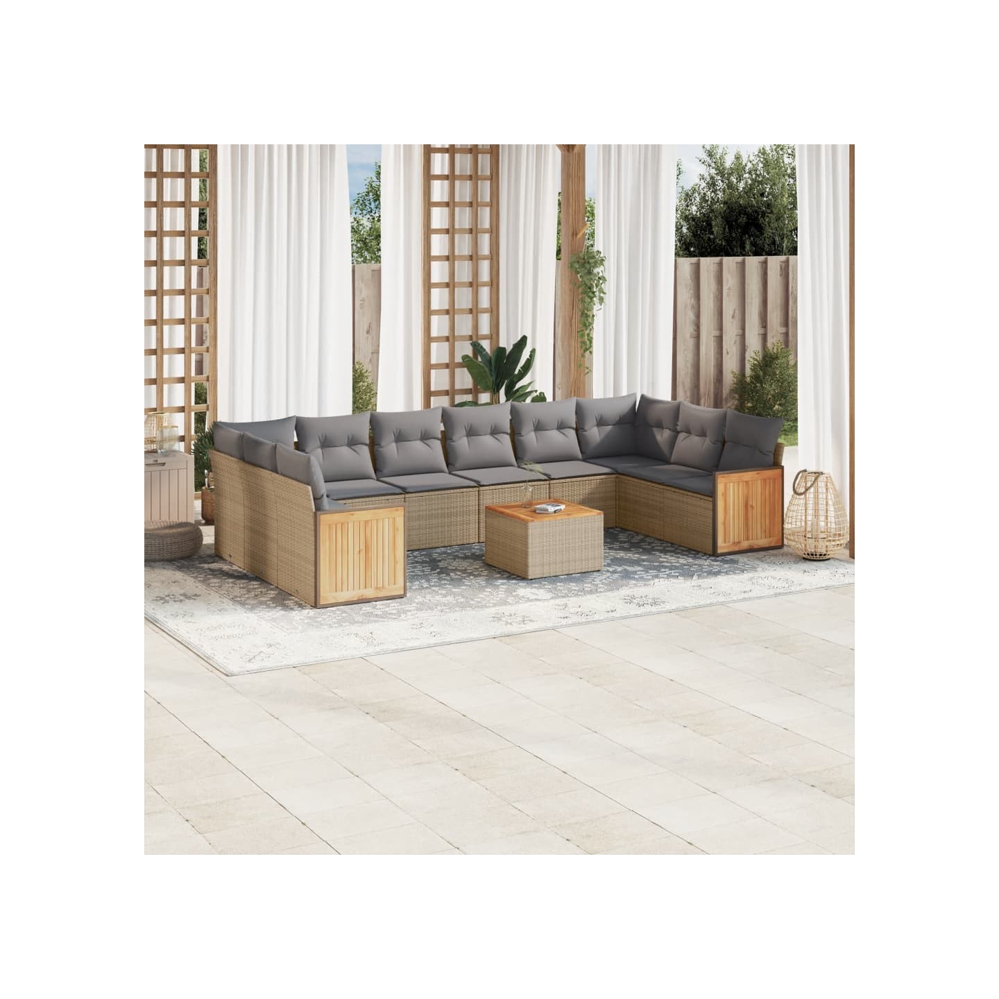 Salon de jardin 11 pcs avec coussins beige résine tressée