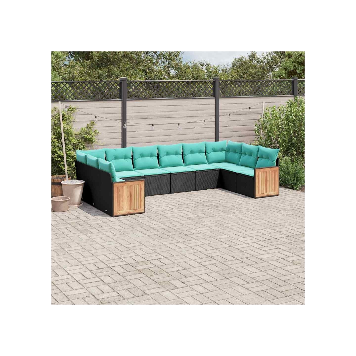 Salon de jardin 10 pcs avec coussins noir résine tressée