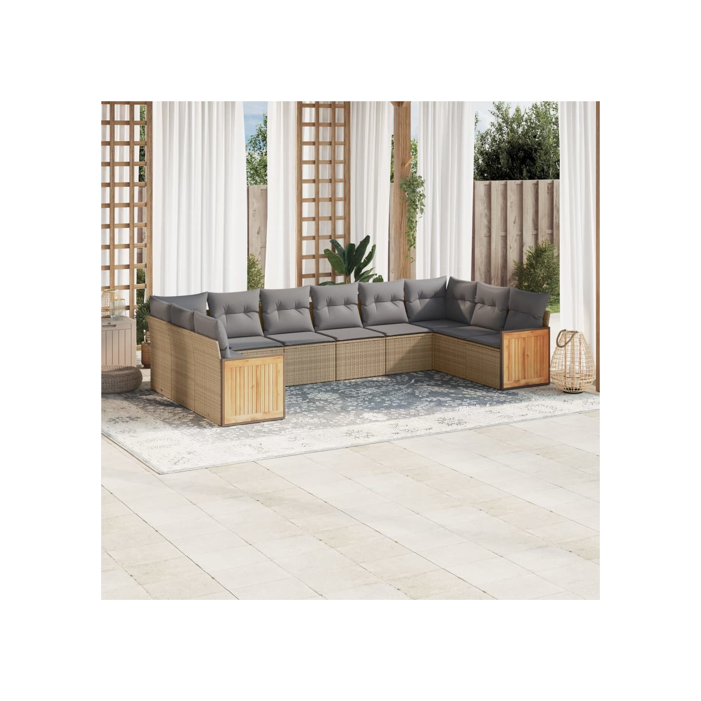 Salon de jardin avec coussins 10 pcs beige résine tressée
