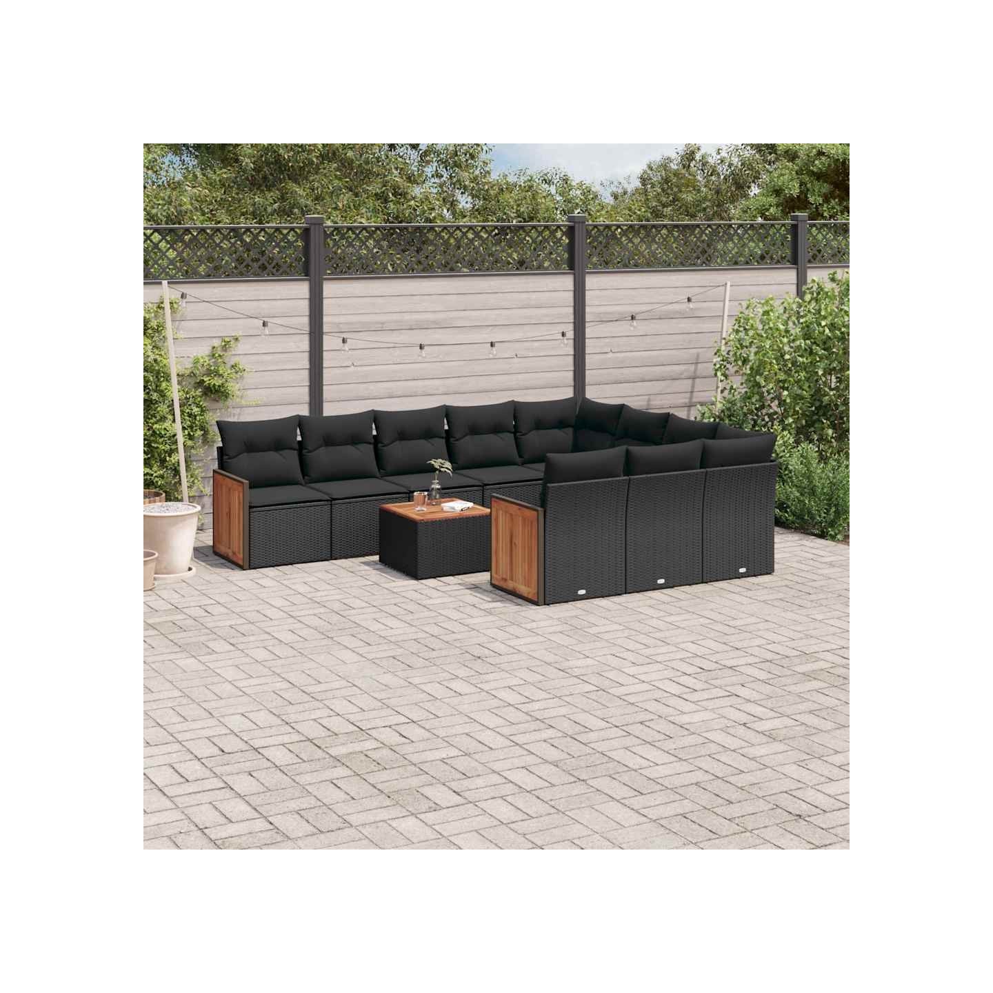 Salon de jardin 11 pcs avec coussins noir résine tressée