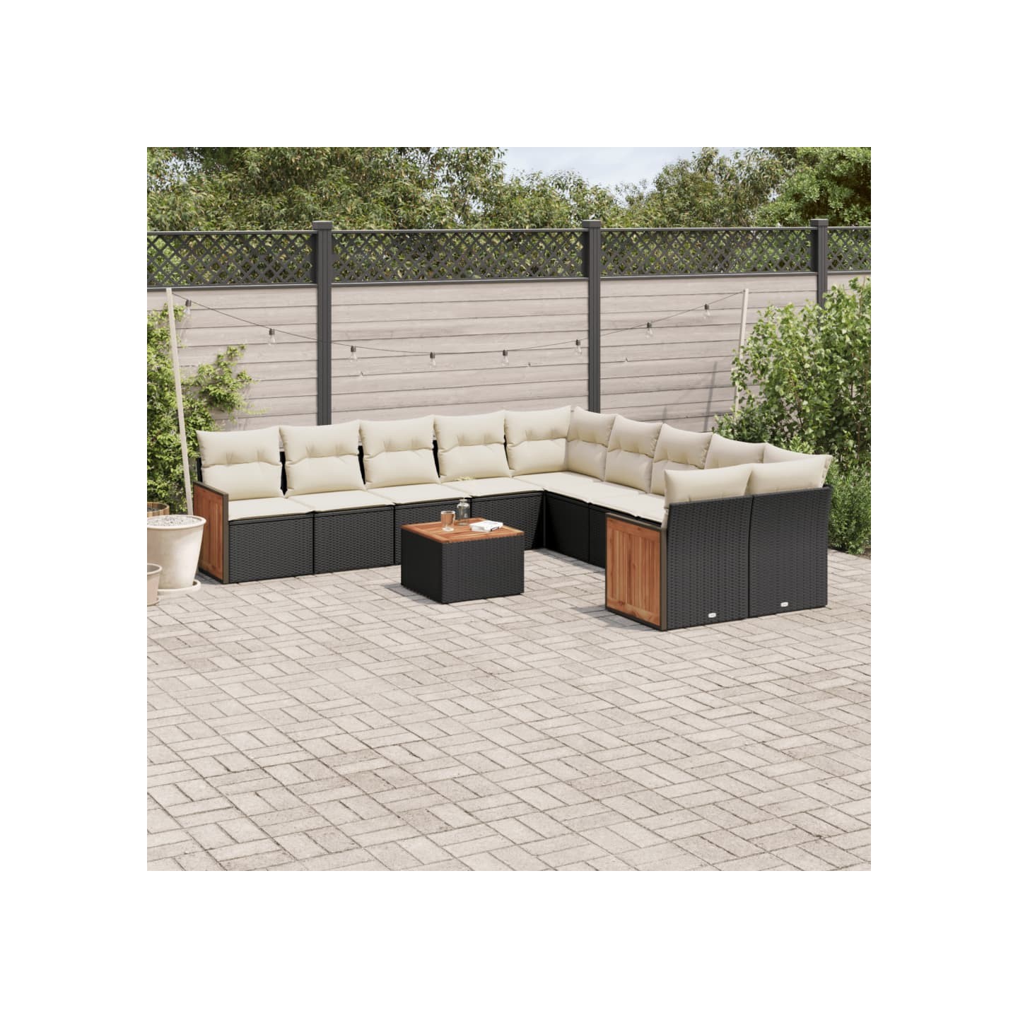 Salon de jardin 11 pcs avec coussins noir résine tressée