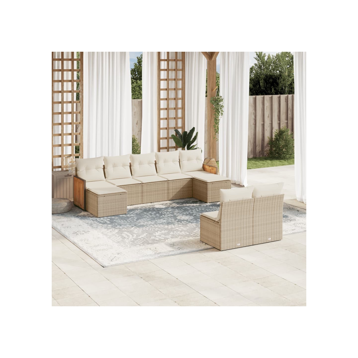 Salon de jardin avec coussins 9 pcs beige résine tressée