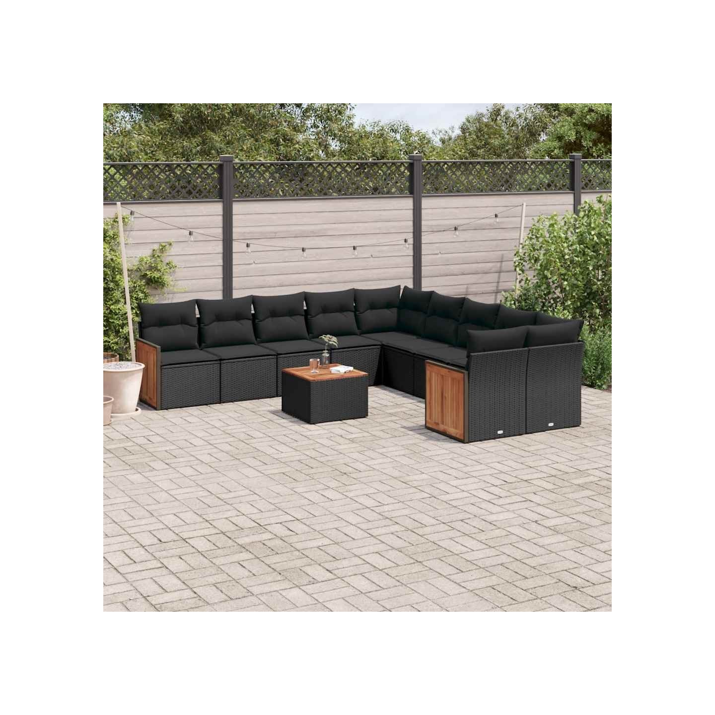 Salon de jardin 11 pcs avec coussins noir résine tressée