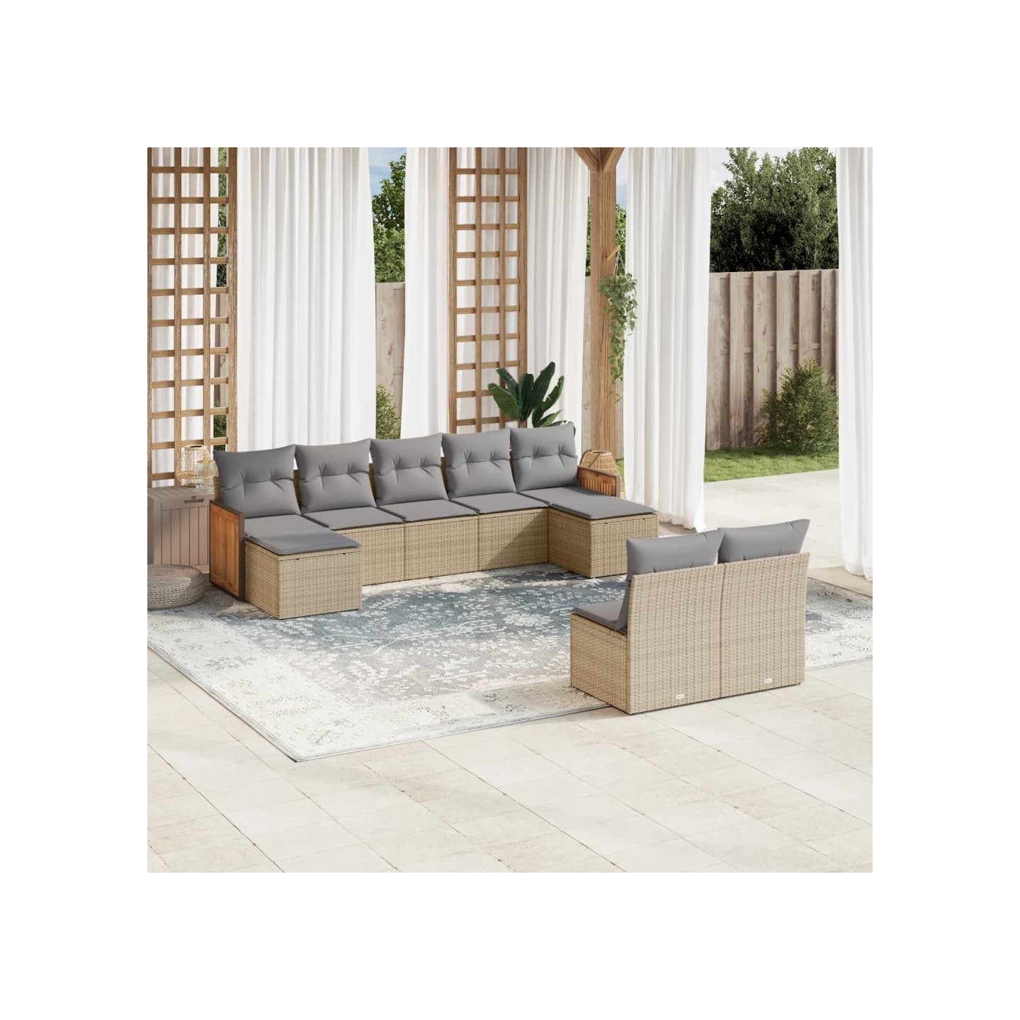 Salon de jardin avec coussins 9 pcs beige résine tressée
