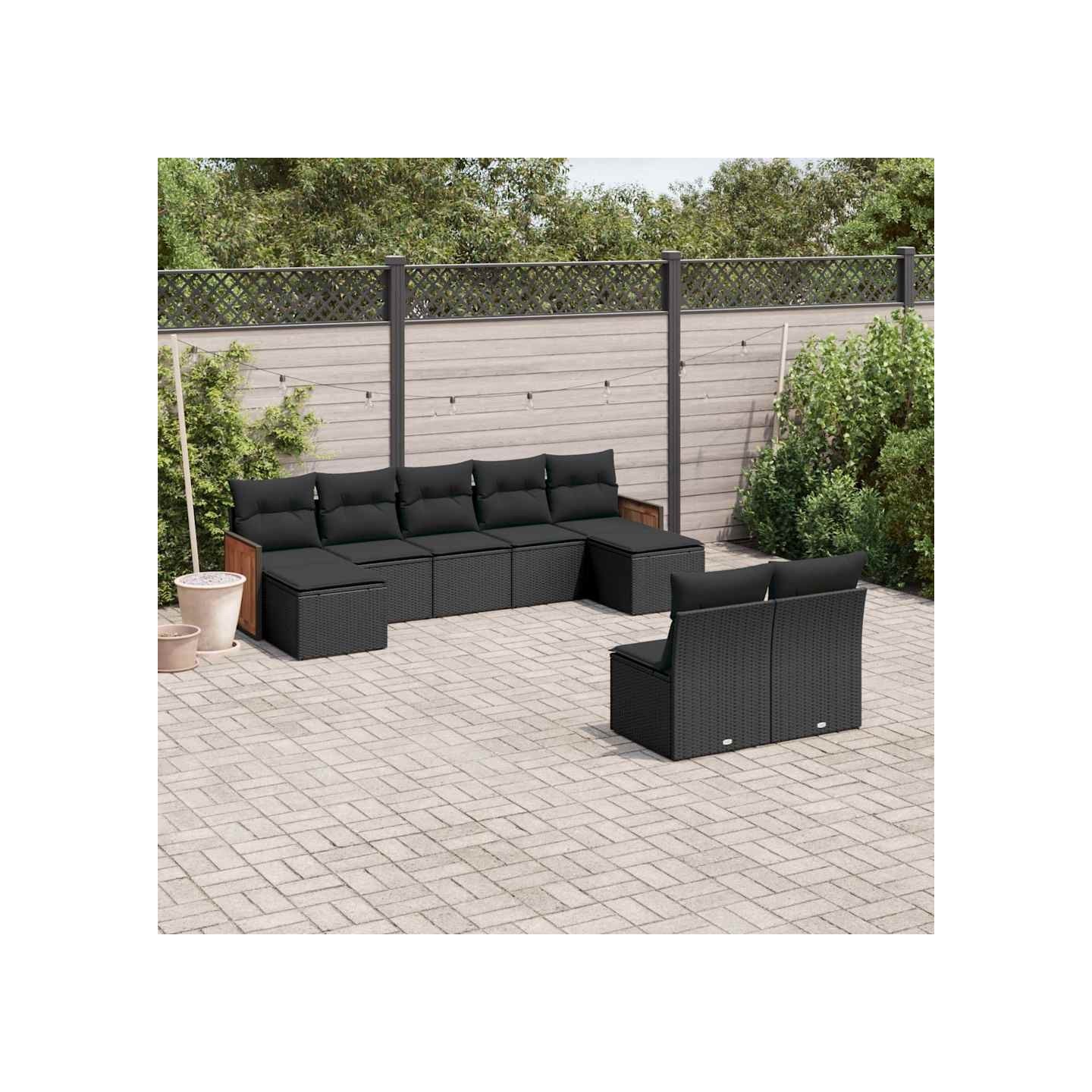 Salon de jardin 9 pcs avec coussins noir résine tressée