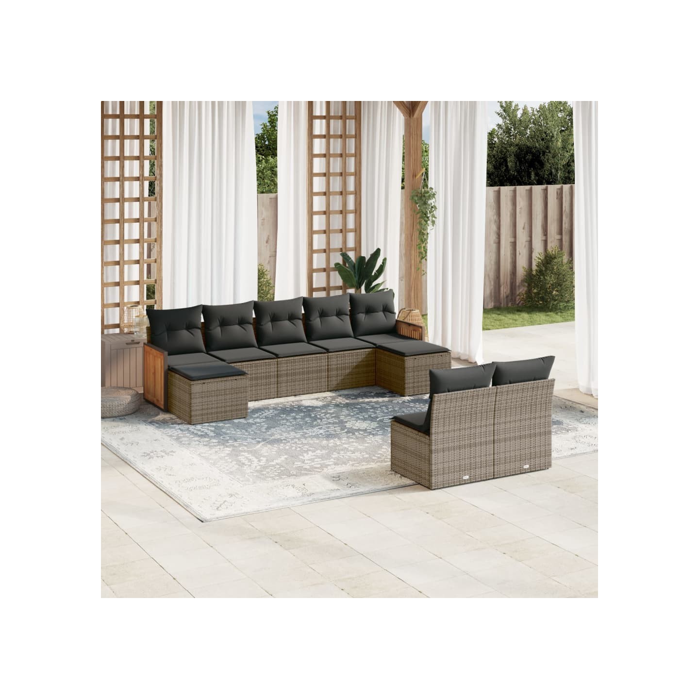 Salon de jardin 9 pcs avec coussins gris résine tressée