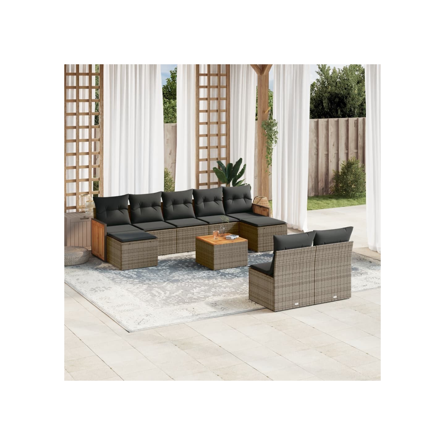 Salon de jardin avec coussins 10 pcs gris résine tressée