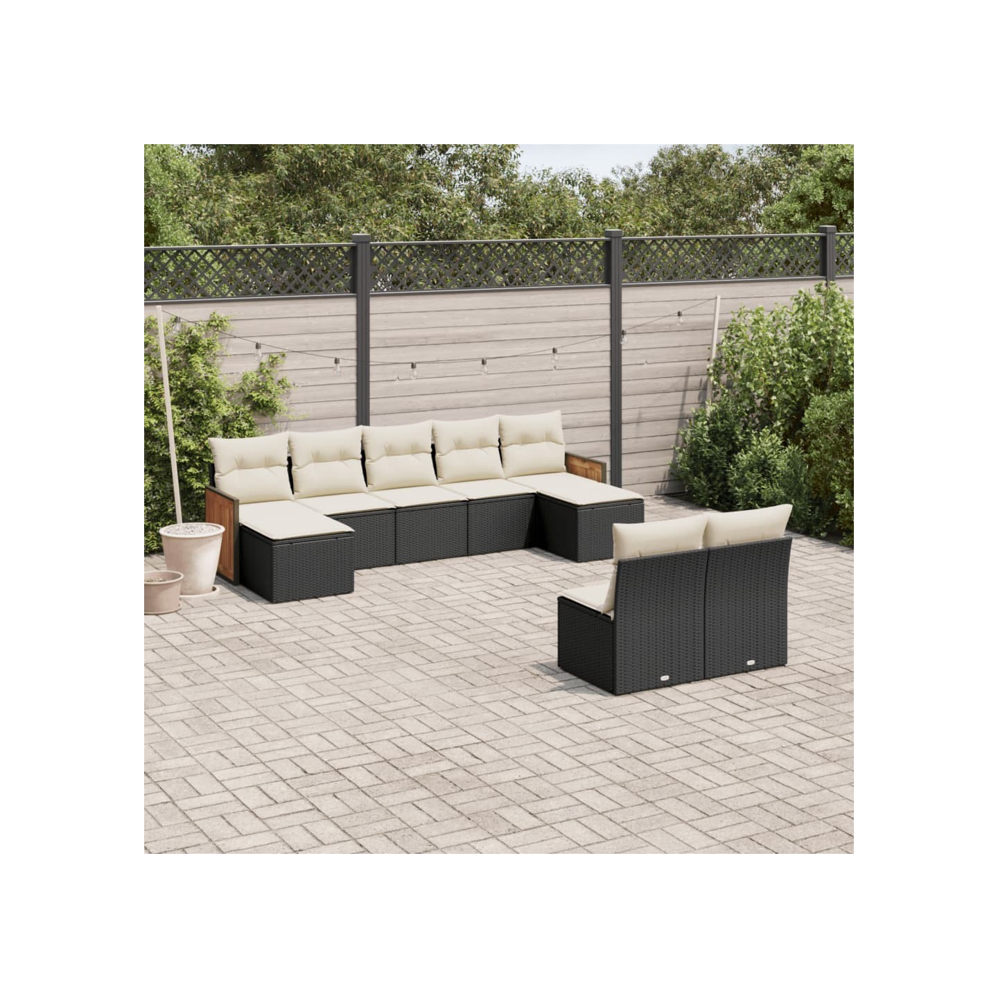 Salon de jardin 9 pcs avec coussins noir résine tressée