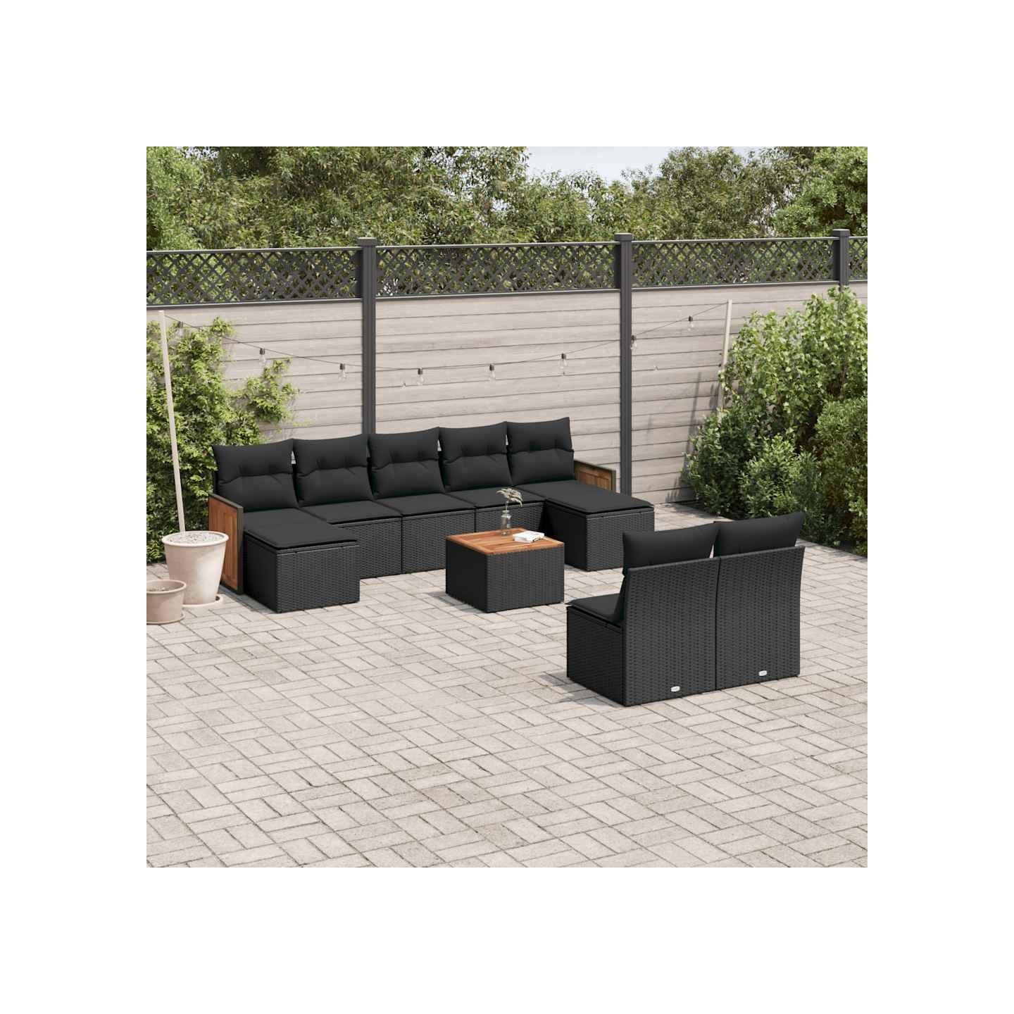 Salon de jardin 10 pcs avec coussins noir résine tressée