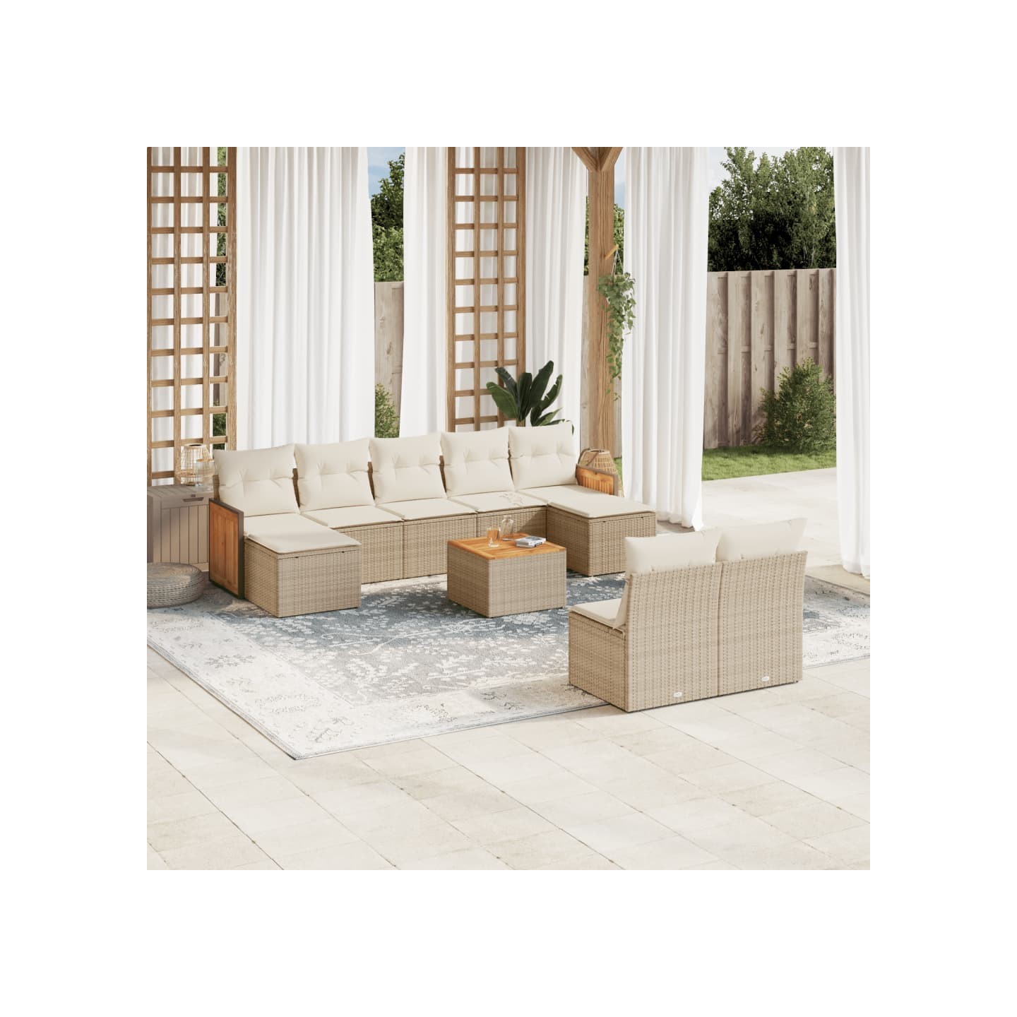 Salon de jardin avec coussins 10 pcs beige résine tressée