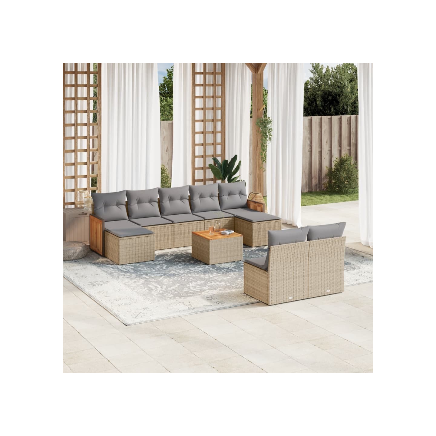 Salon de jardin avec coussins 10 pcs beige résine tressée