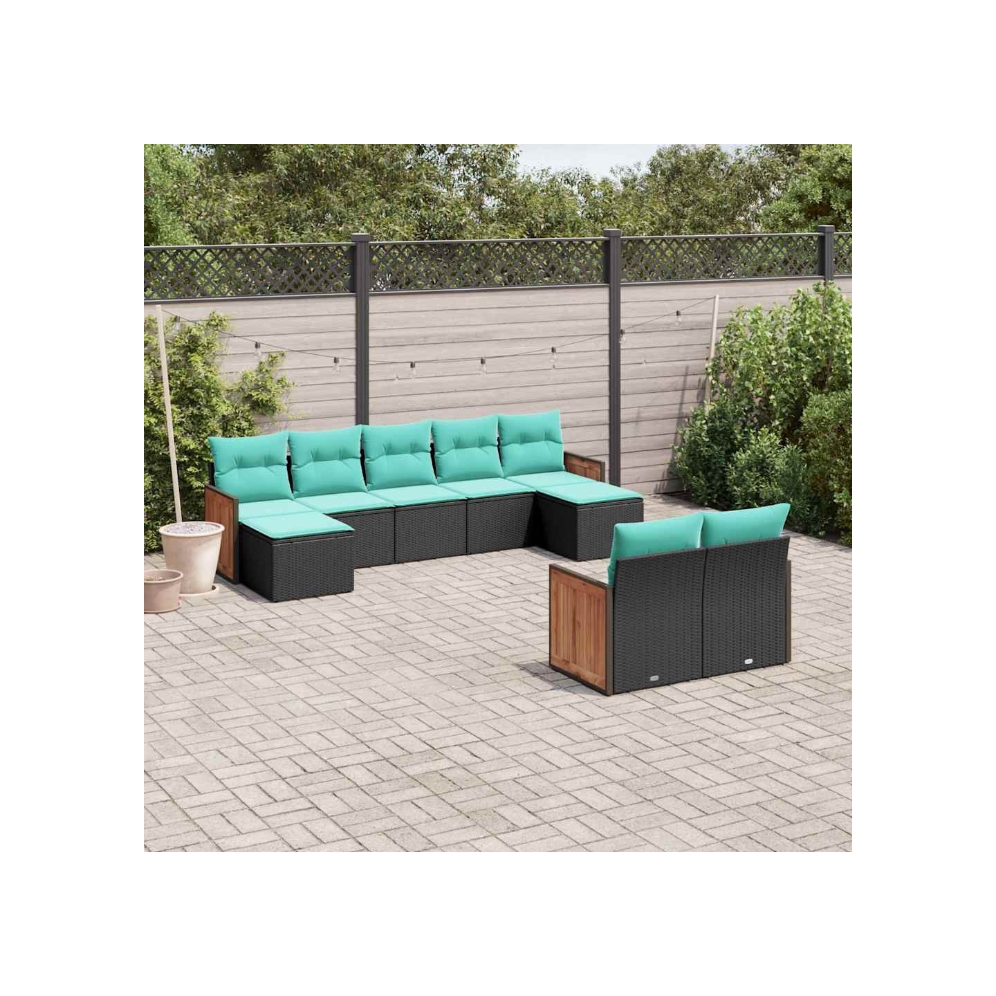 Salon de jardin 9 pcs avec coussins noir résine tressée