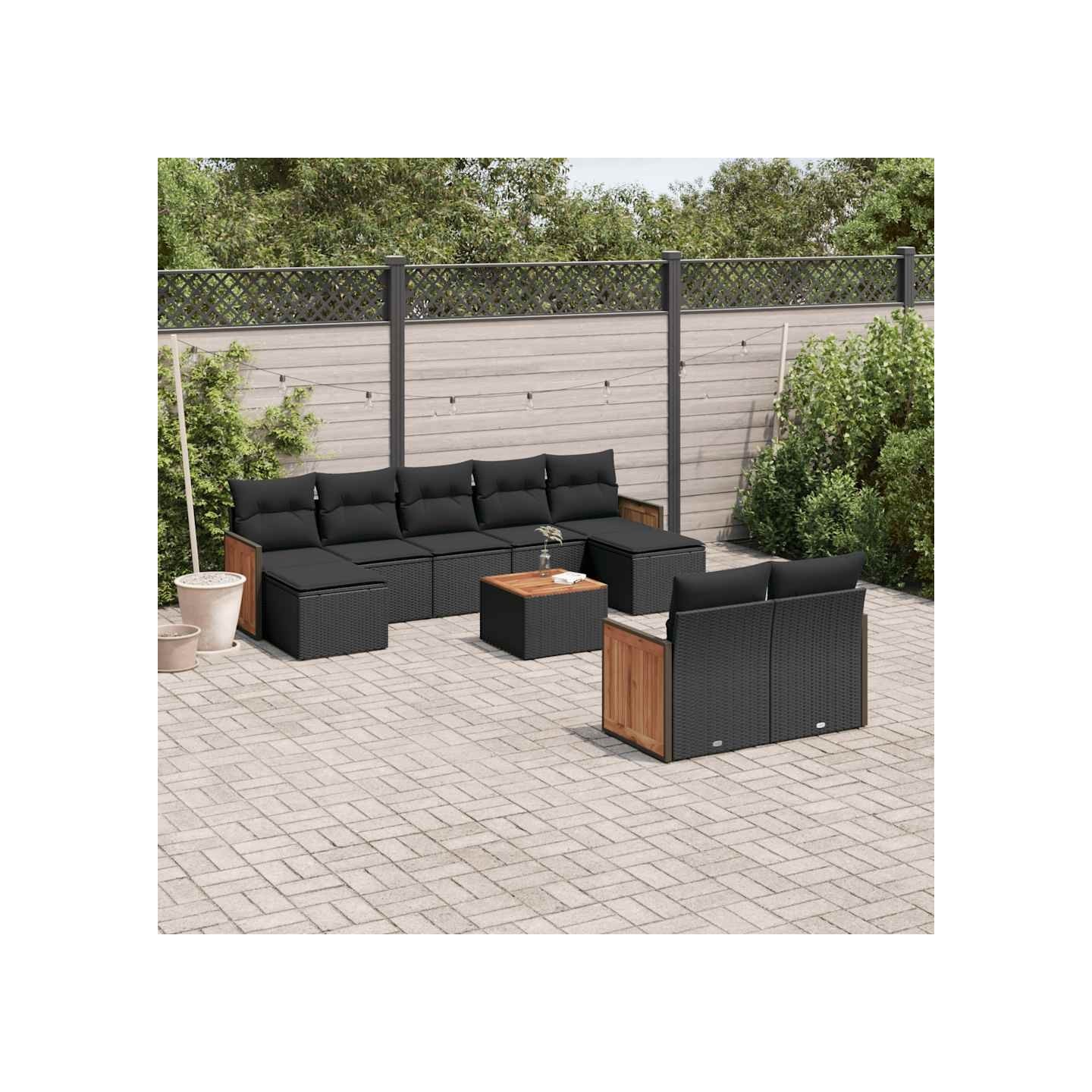 Salon de jardin 10 pcs avec coussins noir résine tressée