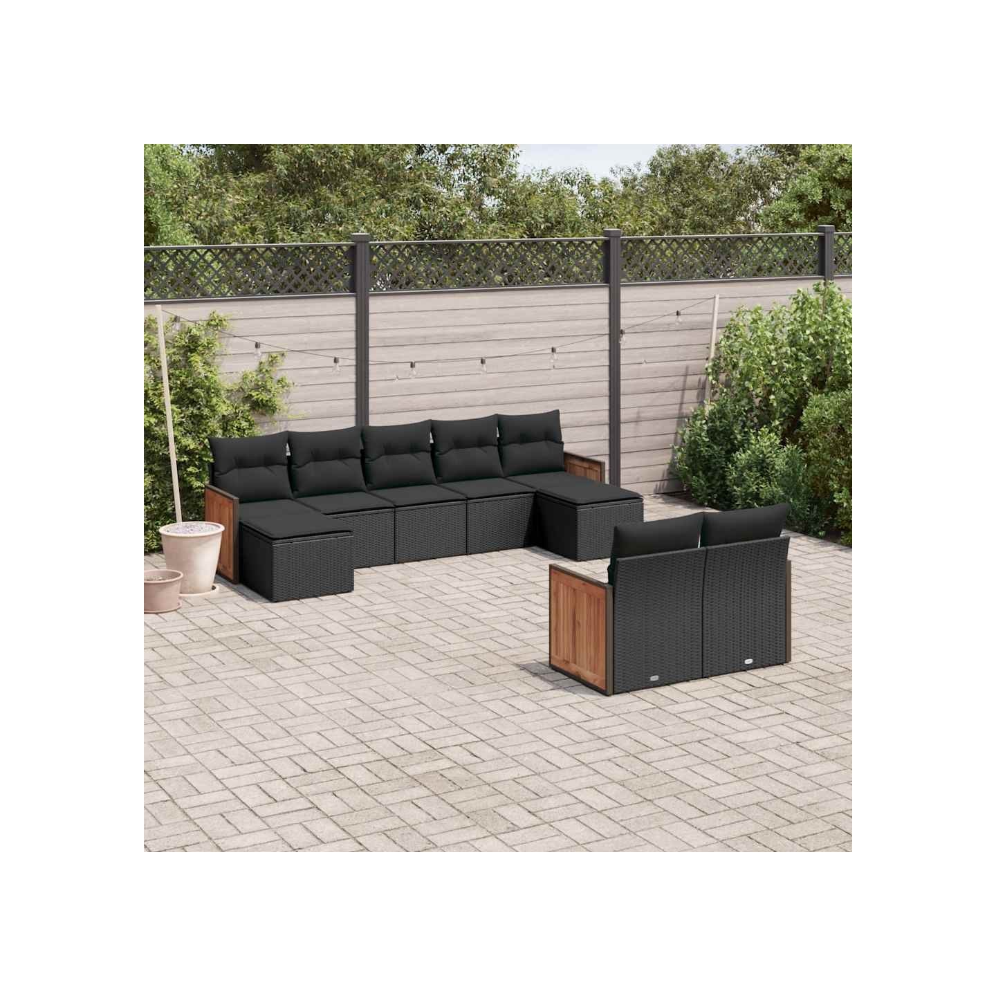 Salon de jardin 9 pcs avec coussins noir résine tressée