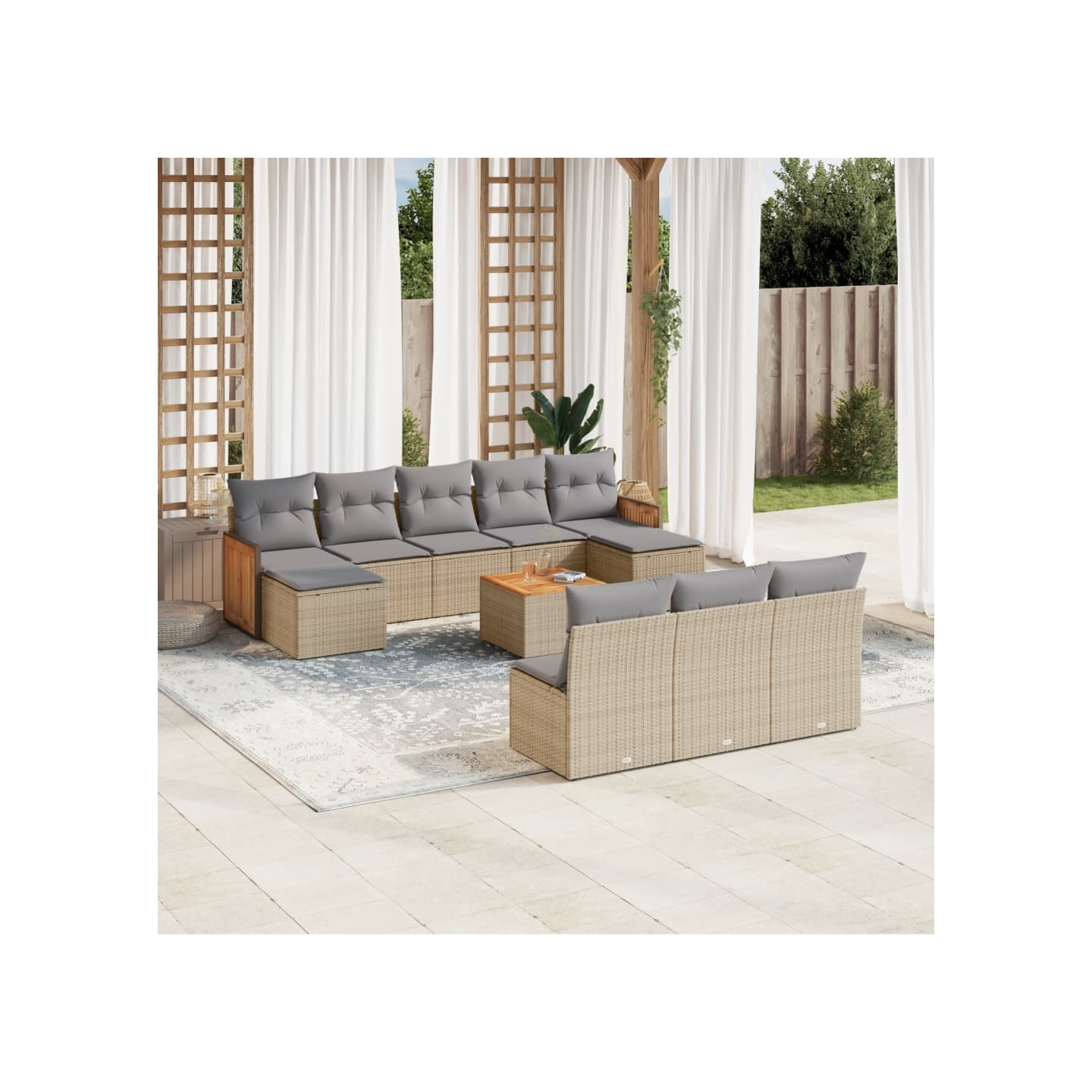 Salon de jardin 11 pcs avec coussins beige résine tressée