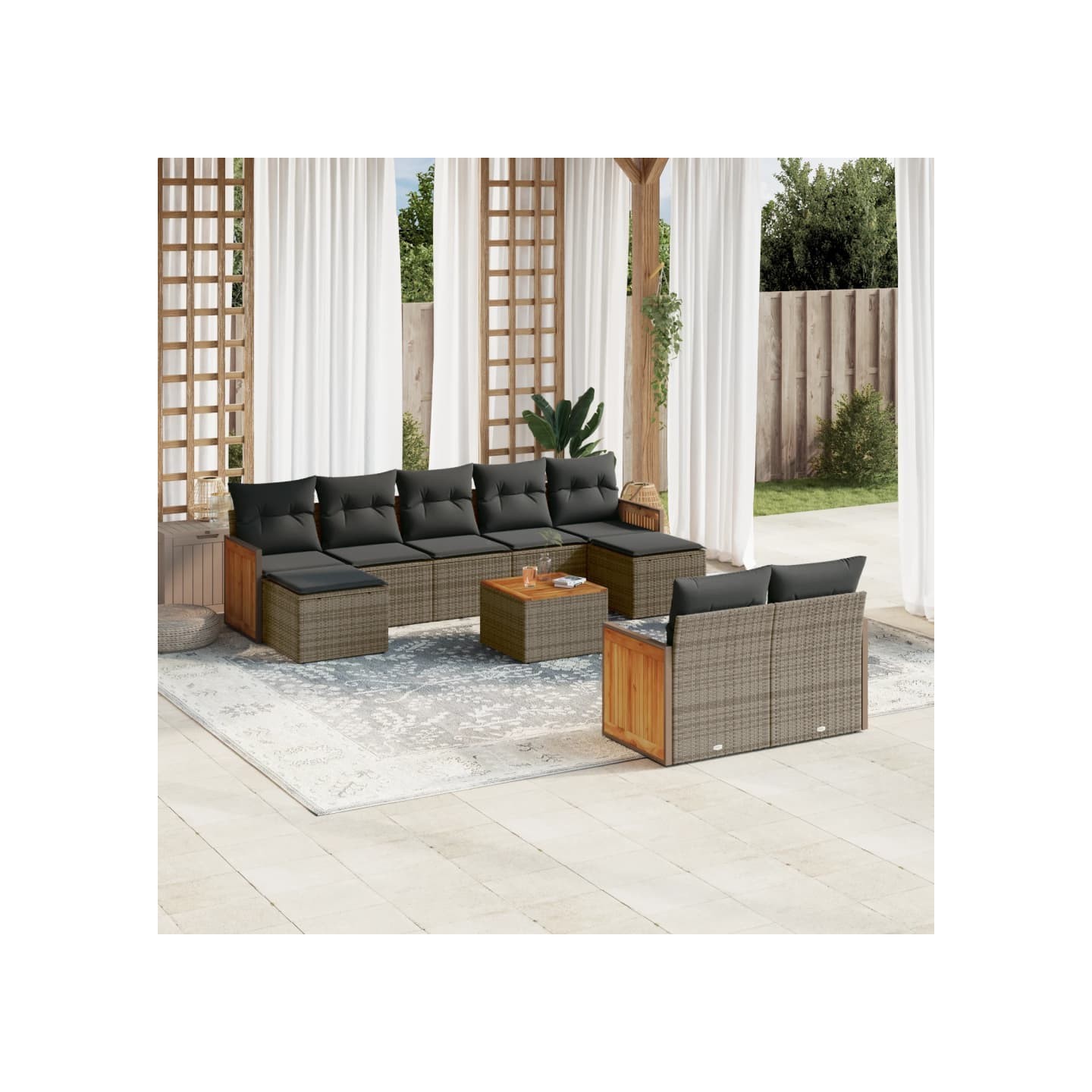 Salon de jardin avec coussins 10 pcs gris résine tressée