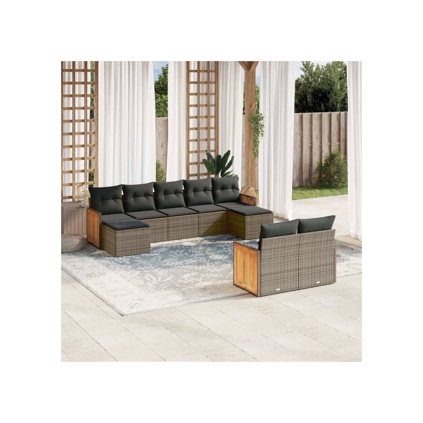 Salon de jardin 9 pcs avec coussins gris résine tressée