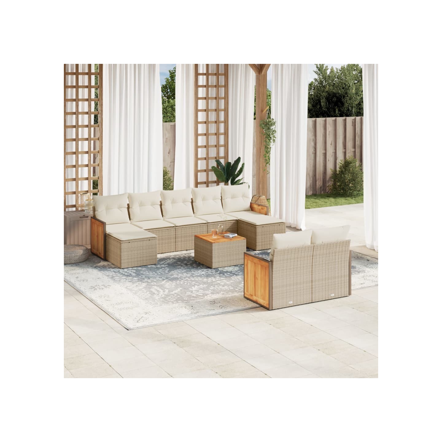 Salon de jardin avec coussins 10 pcs beige résine tressée